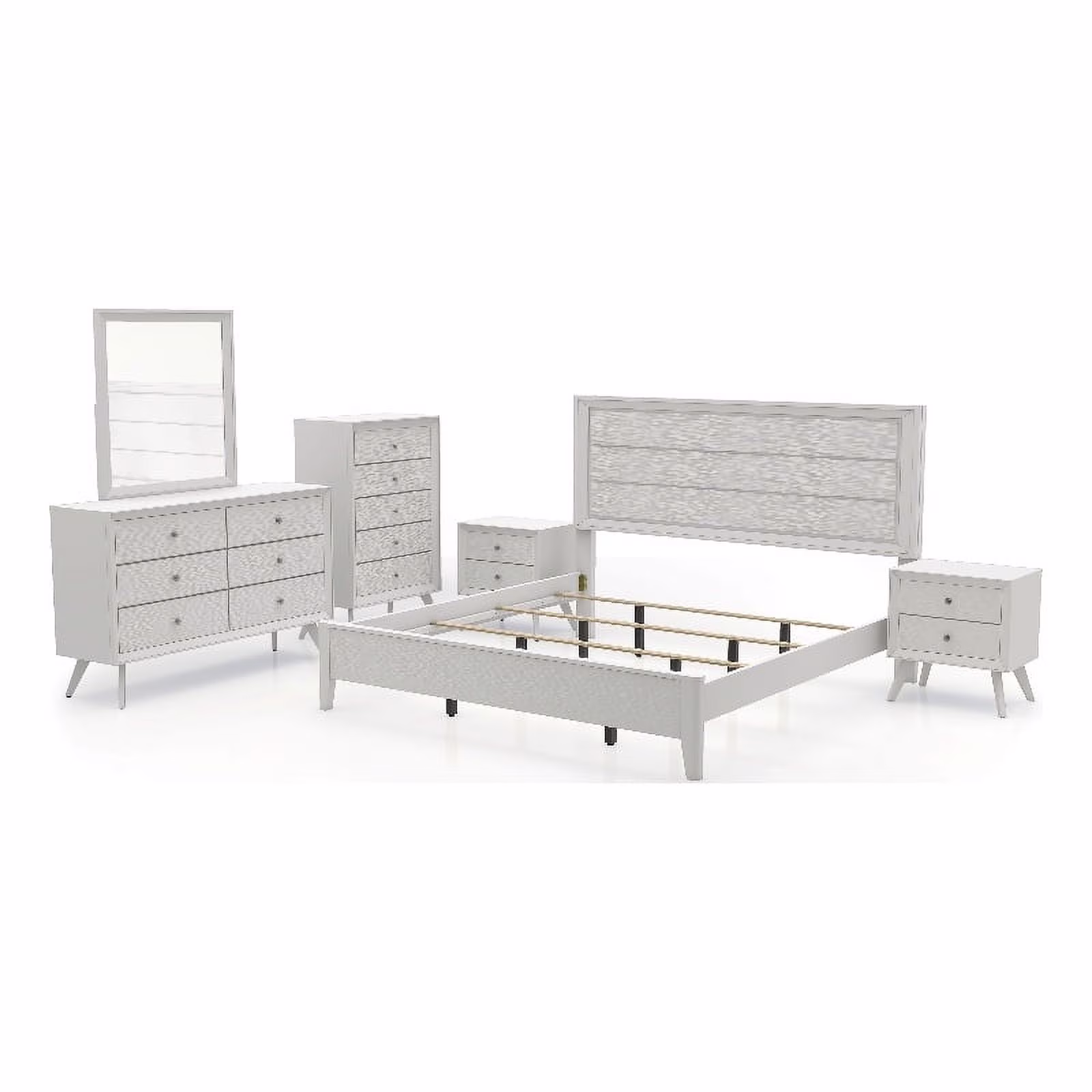 FOA Vrone 6pc White Wood Bedroom Set - King +2 Nightstands +Chest+Dresser+Mirror