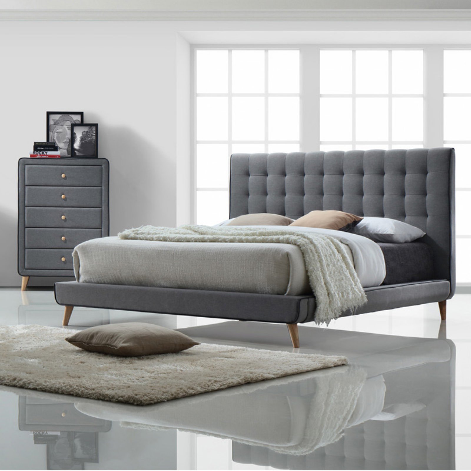 ACME Valda Upholstered Fabric Queen Platform Bed in Light Gray