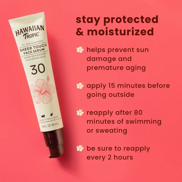 Hawaiian Tropic Sheer Touch Face Sunscreen Serum 1.4 Oz, SPF 30, Oil Free Sunblock *EN