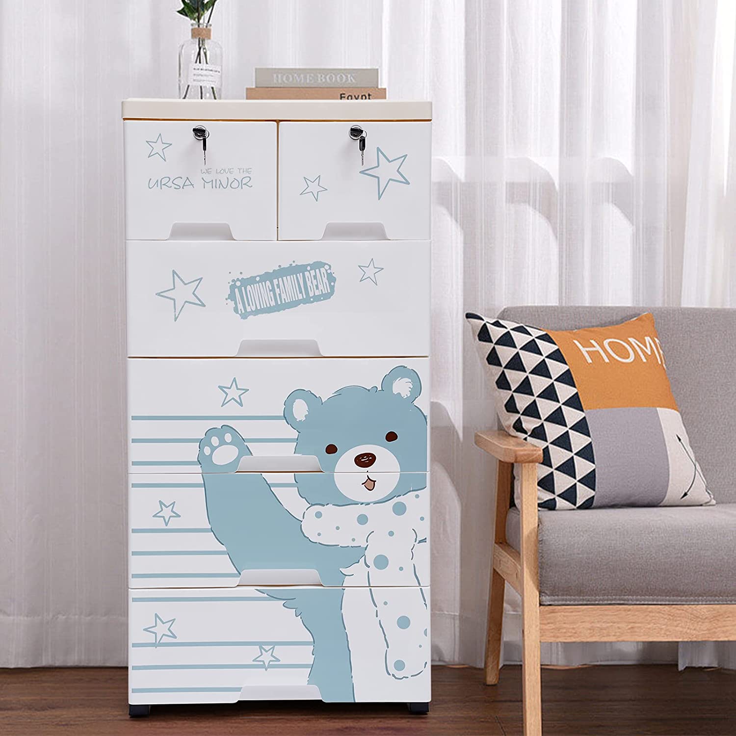 Plastic Drawers Dresser Storage Cabinet with 6 Drawers Tall Closet Dressers Organizer for Clothes Toys,Parrot / Polar Bear