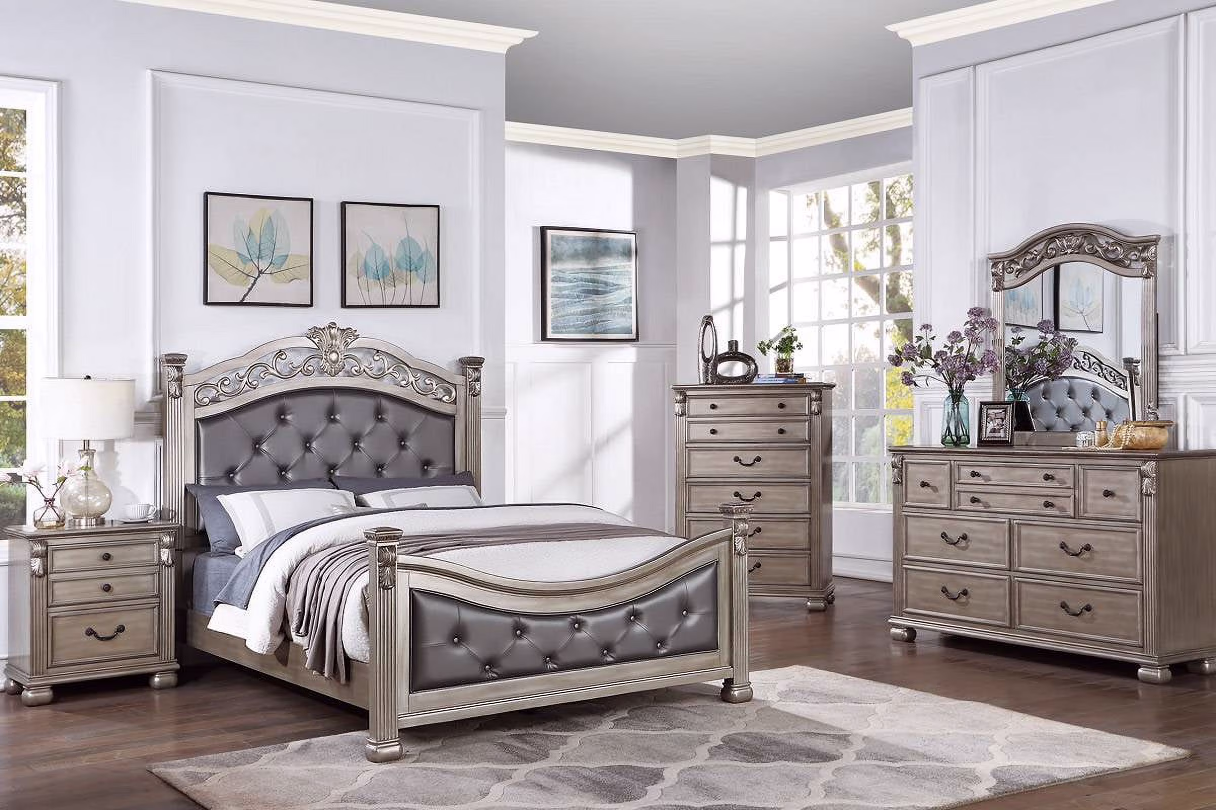 Queen Size Bed Antique Formal Fabric Tufted HB FB Bed 2x Nightstands 3pc Set Grey Finish Posts Bed bedroom Furniture