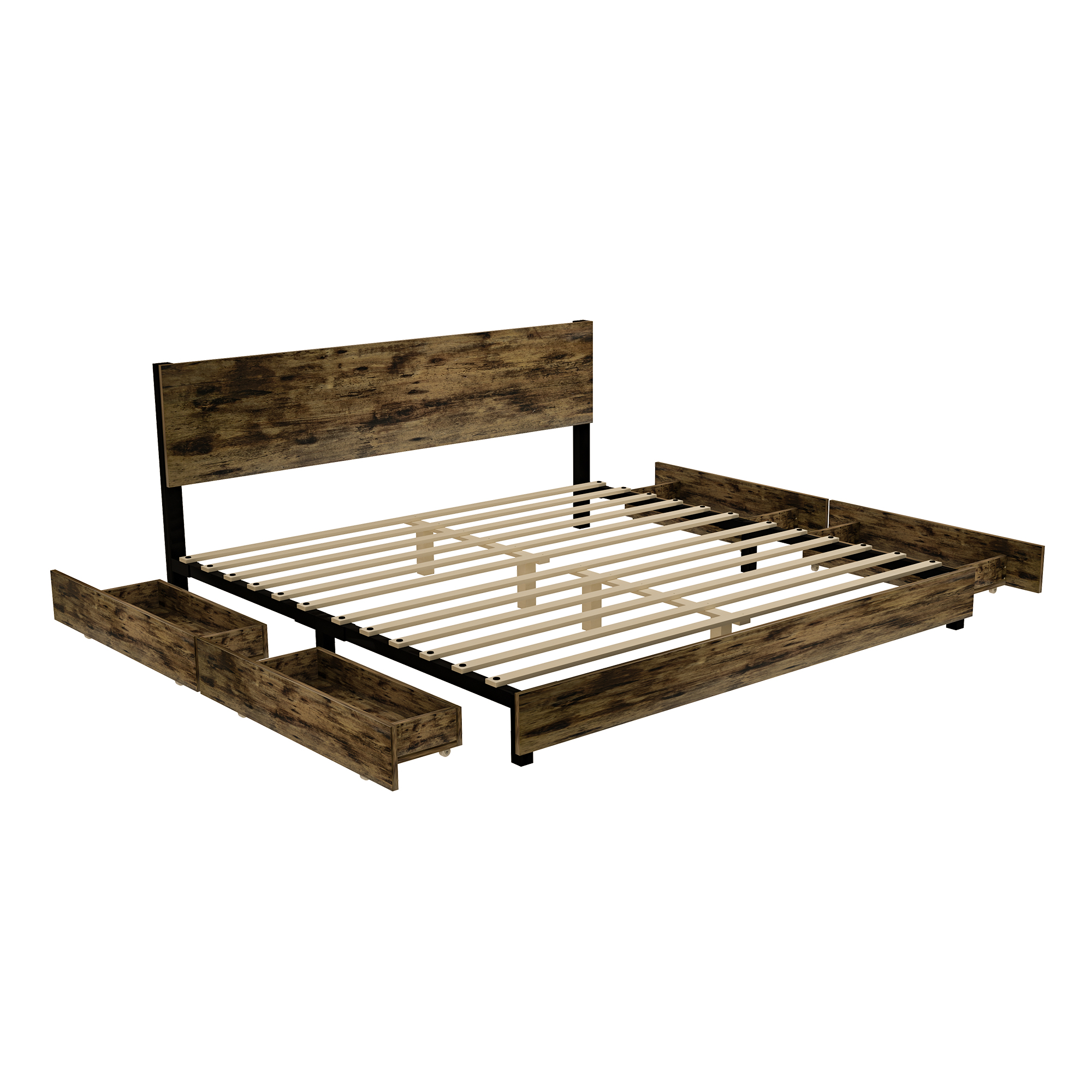 King Size Bed Frame with 4 Storage Drawers, Modern Sturdy and Stable Heavy-Duty, Headboard Solid and Stable, No noise, No spring Box, Easy to Assemble,Rustic Brown