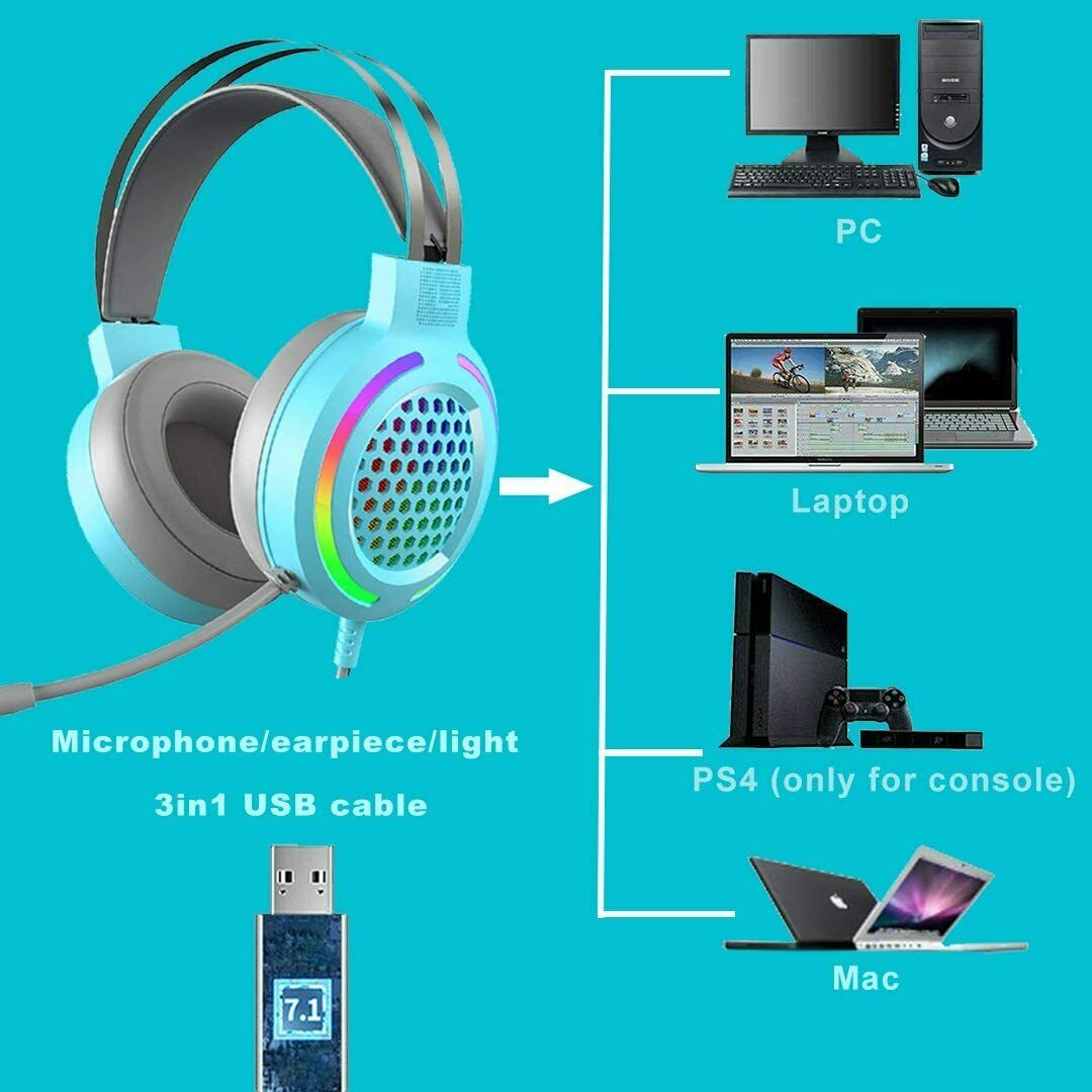 US Gaming Headset 7.1 Channel Headphones RGB for PC Laptop PS4 Computer Music