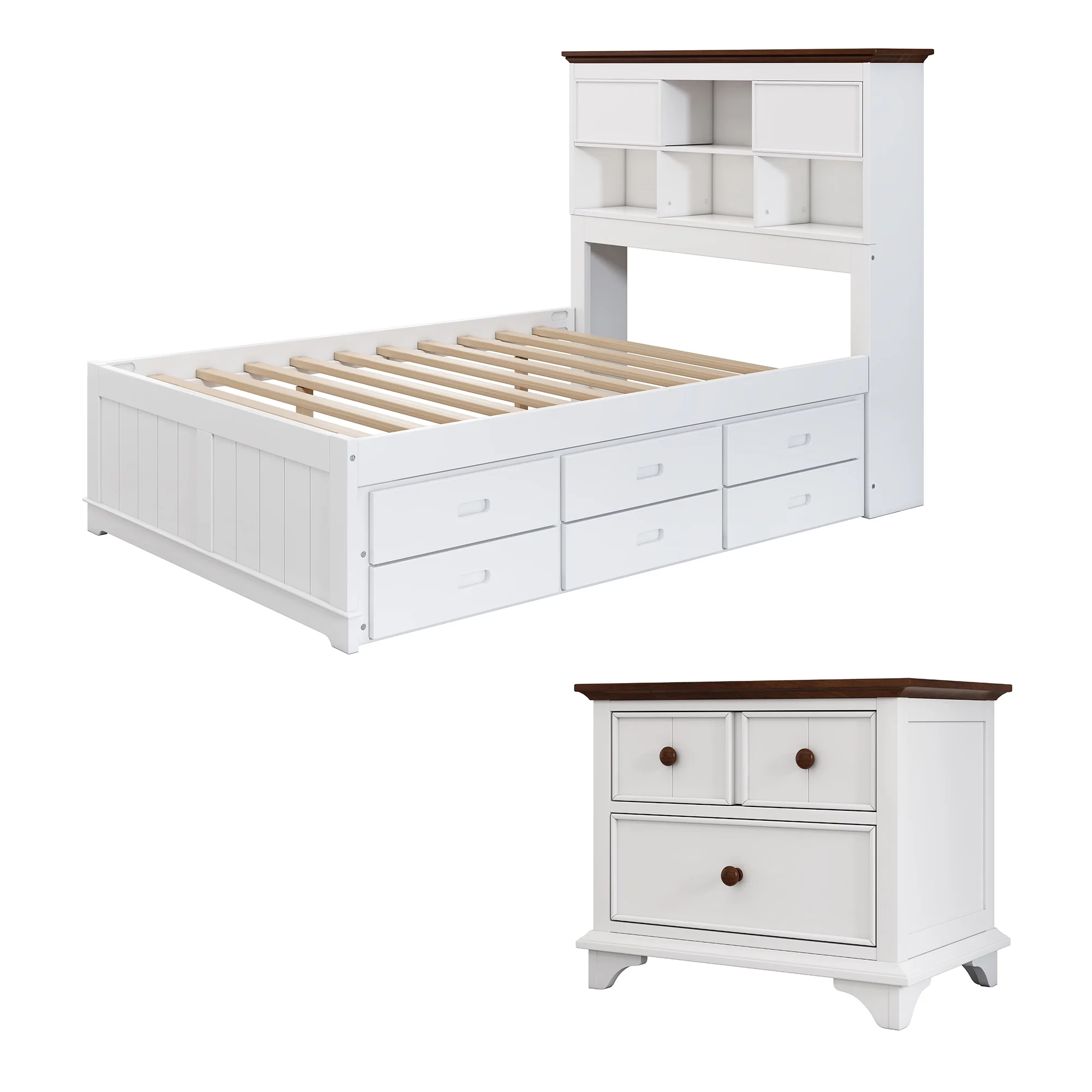 Royard Oaktree 2 Pieces Wooden Captain Bedroom Set Full Bed with Trundle, 2-Drawer Nightstand, White+Walnut