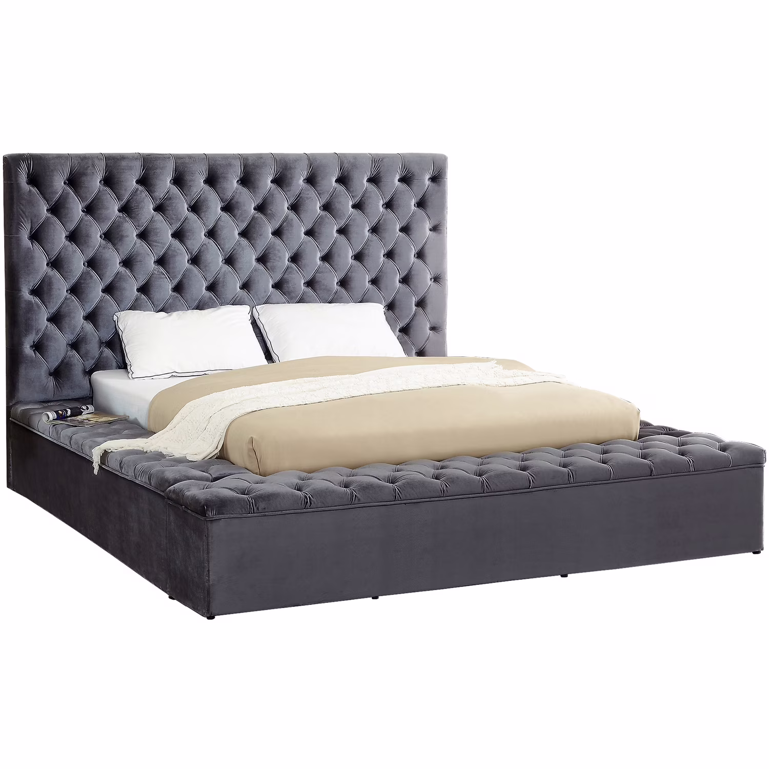 Bliss Grey Velvet Queen Bed (3 Boxes)-Color:Grey Velvet,Style:Contemporary