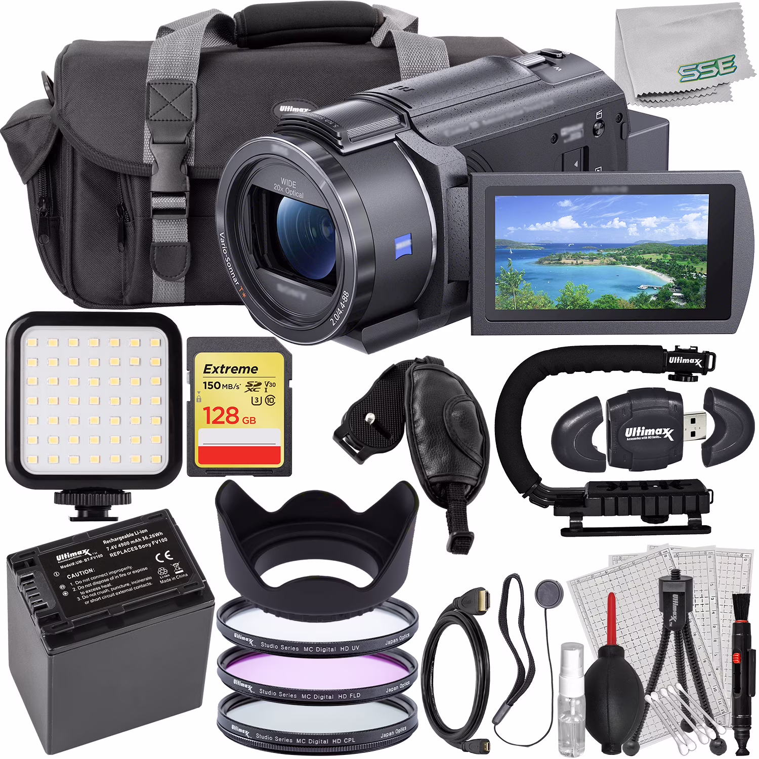Ultimaxx Advanced Sony FDR-AX43A UHD 4K Handycam Camcorder Bundle - Includes: 128GB Extreme SDXC, Spare Battery, Water-Resistant Gadget Bag & Much More (26pc Bundle)