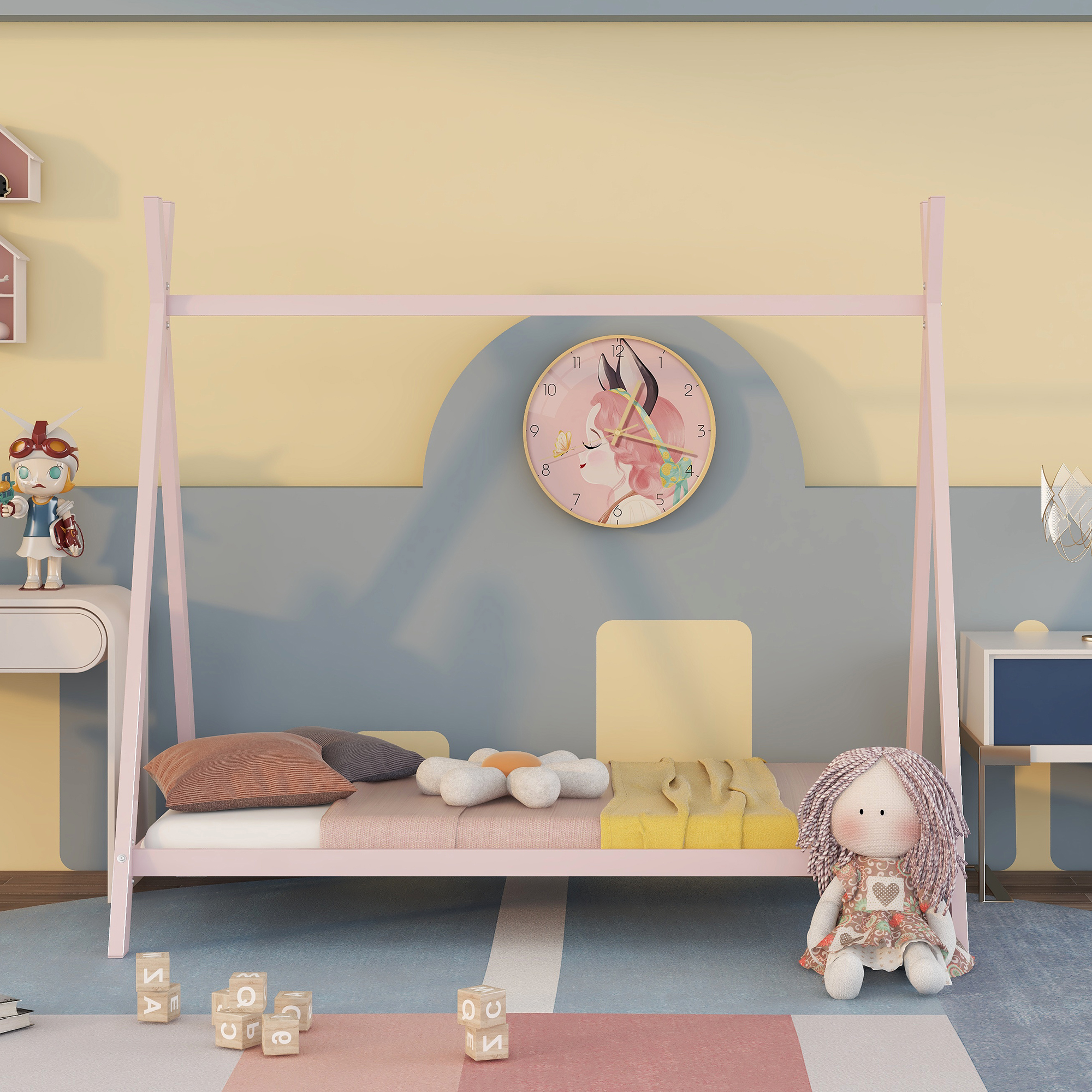 Bellemave Twin Size House Bed Montessori Bed, Metal Tent Bed Floor Play House Bed with Slat, Platform Bed Frame for Kids Teens Girls & Boys, No Box Spring Needed (Pink)