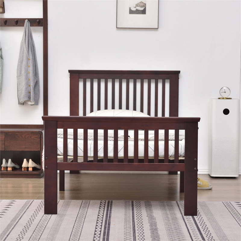 Home Square 2-Piece Set with Pine Twin Bed and 2-Drawer Armoire in Mahogany