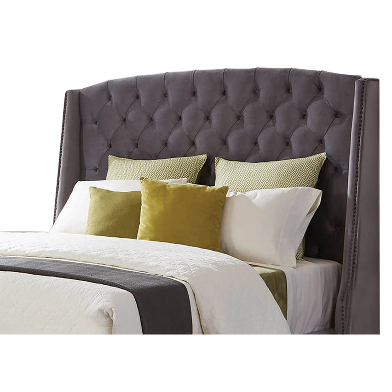 Benjara Fabric Upholstered Wooden California King Size Bed with Winged Headboard, Gray