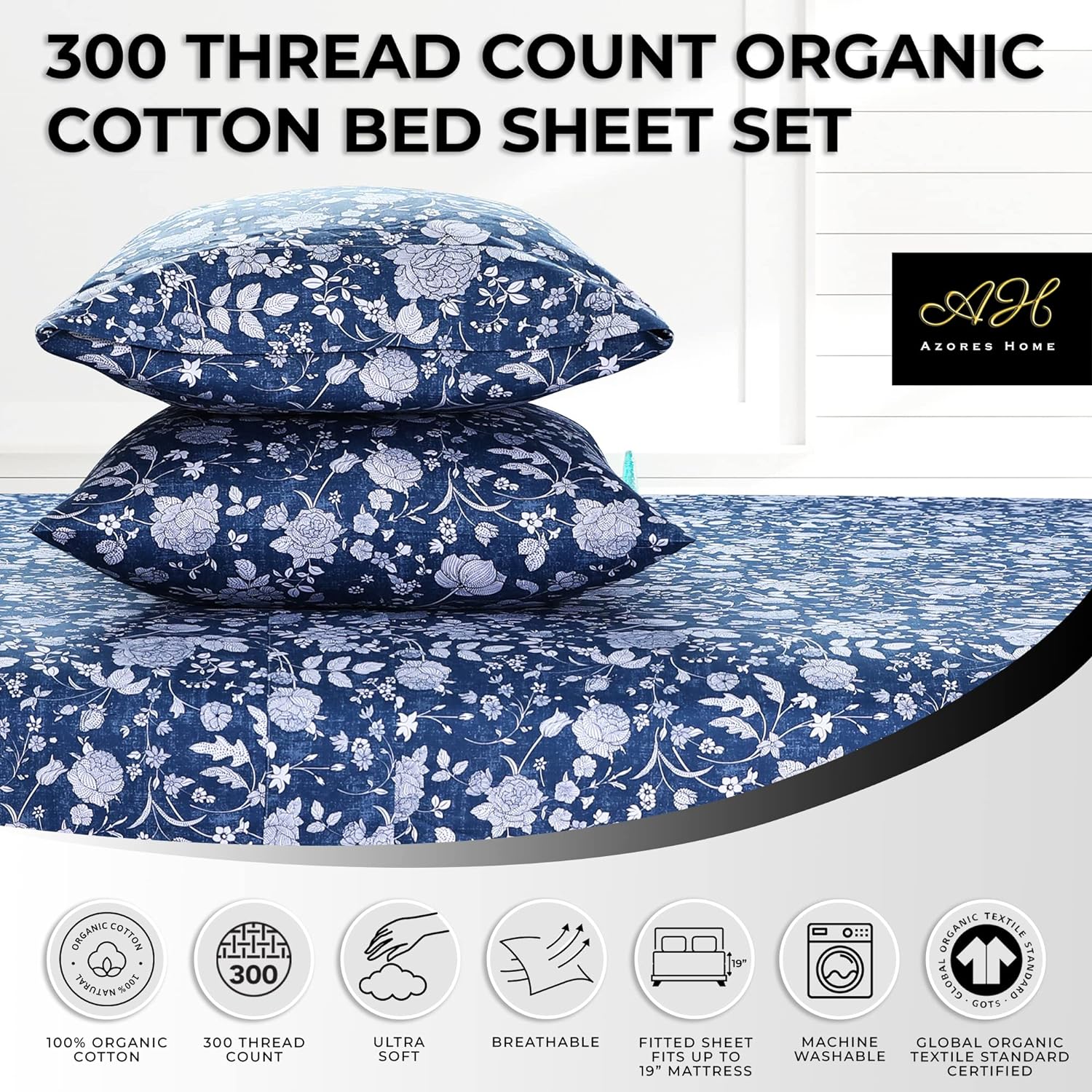 Kate 300 Thread Count Organic Cotton Deep Pocket Bed Sheet Set, Fits Up To 19 Inch Mattress - King, Dark Blue