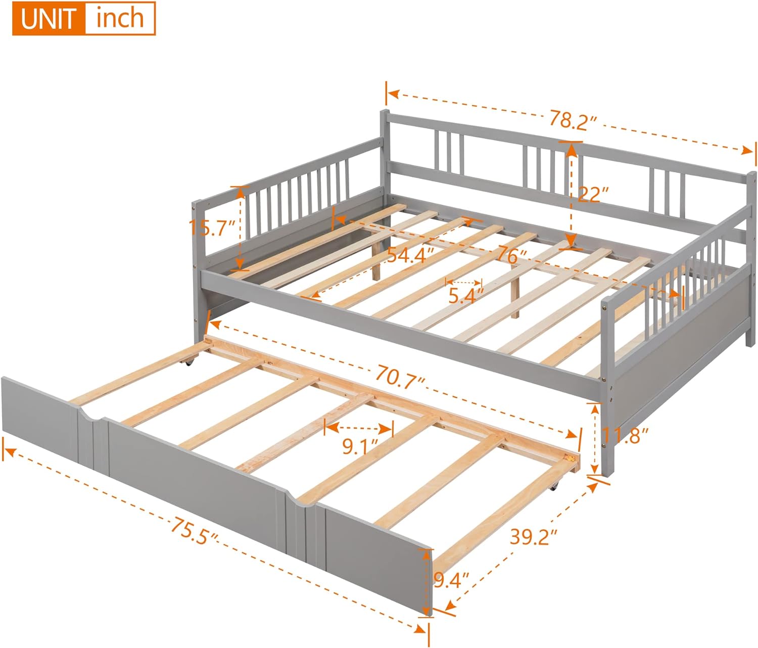 Full Daybed Wih rudle, Sofa Bed Frame Wih rudle For Kids Aduls Guess Bedrrom,o Box Sprig eeded(Grey)