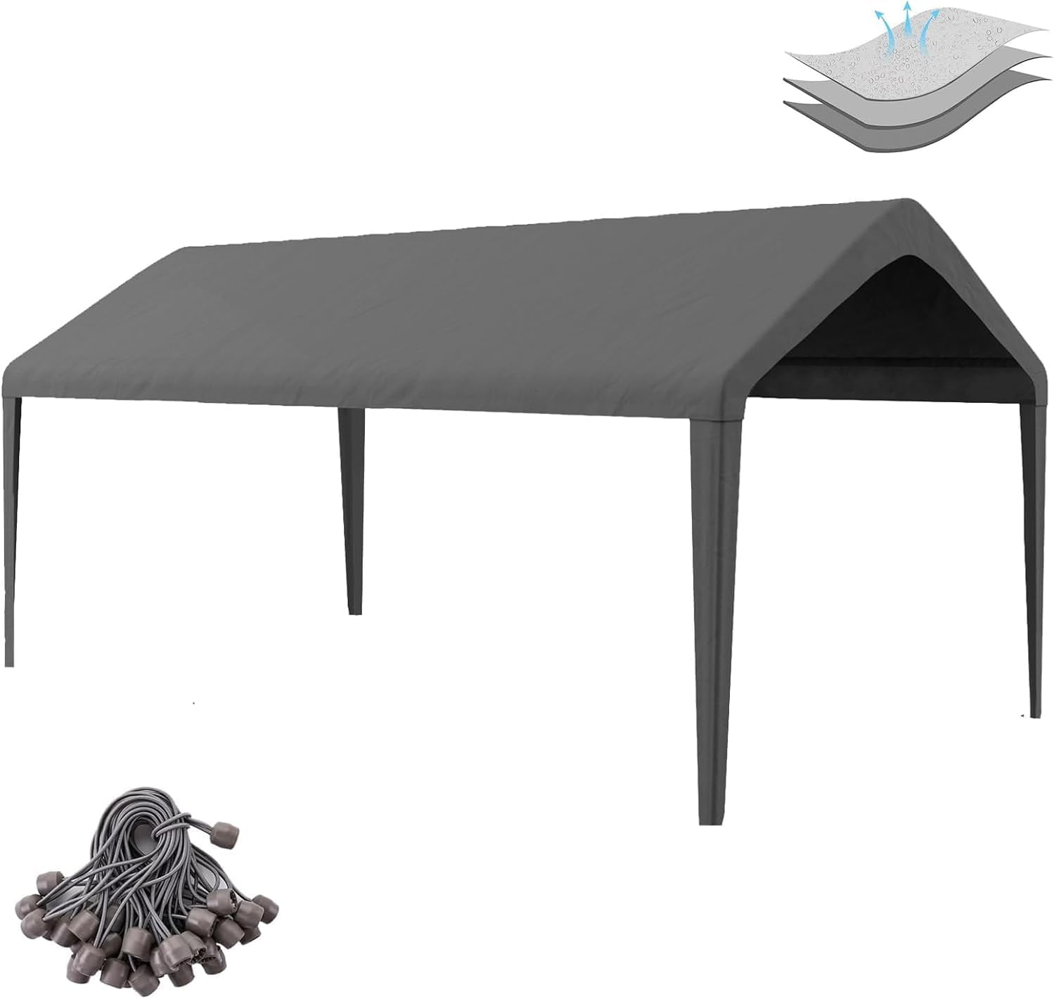 10x20 Carport Replacement Canopy Cover for Tent Top Garage Shelter Cover with Ball Bungees, 800D Oxford Replacement Cover Waterproof & UV Protection, Not Included Frame (Dark Gray)