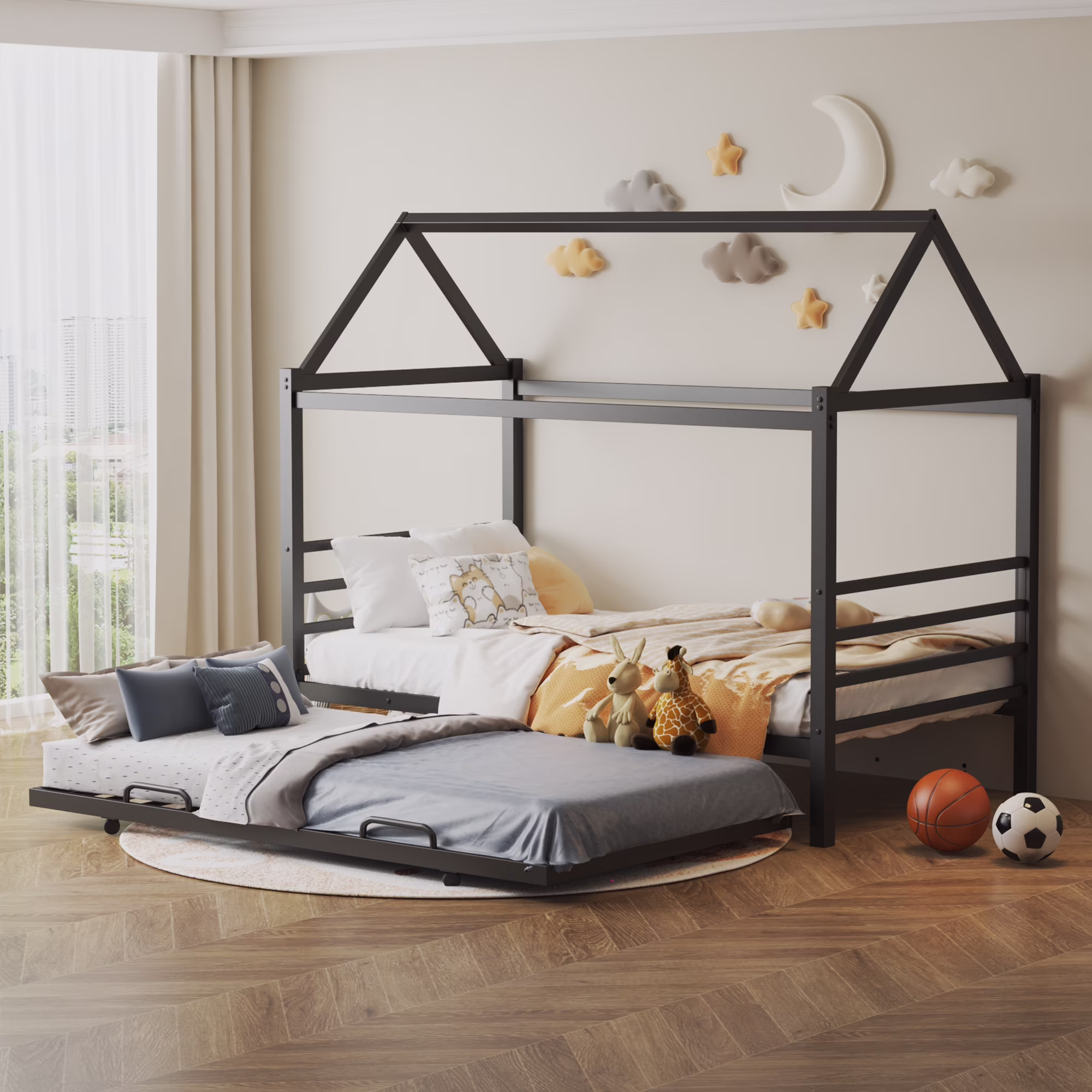 Holdolife Twin Size Metal House Shape Platform Bed with Trundle, Black