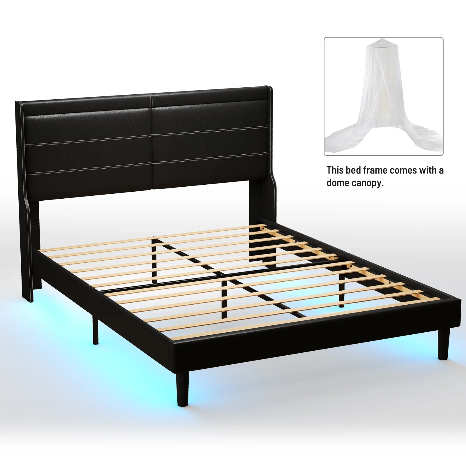 CoSoTower Stylish Queen Size PU Leather Upholstered Bed Frame Platform Bed with Lights Stitched Wing-backed Headboard Strong Wooden Slats Bed Canopy No Box Spring Needed Black