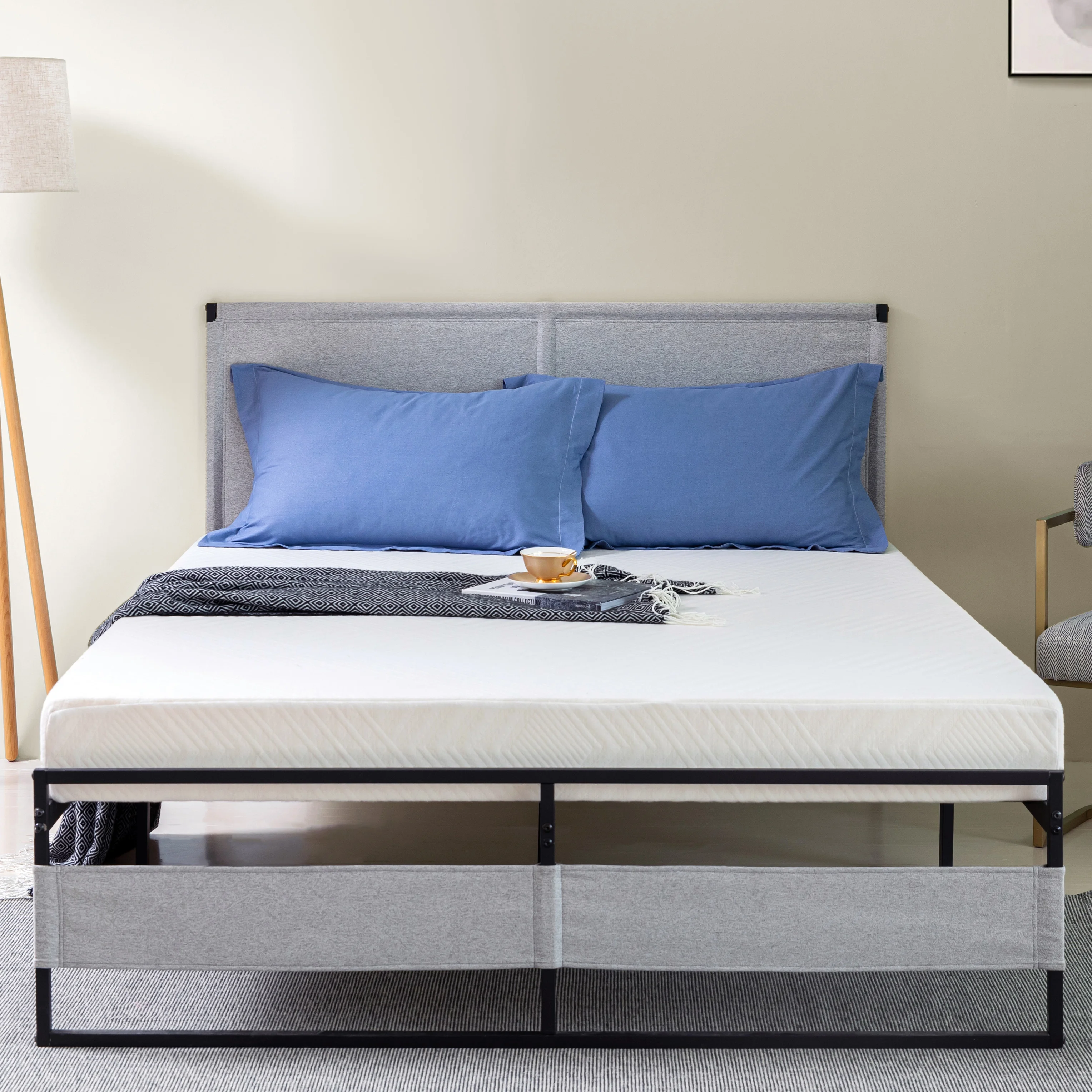 14 inch V4 Adult Platform Metal Bed Frame, King Size with Fabric Headboard, Non-Slip