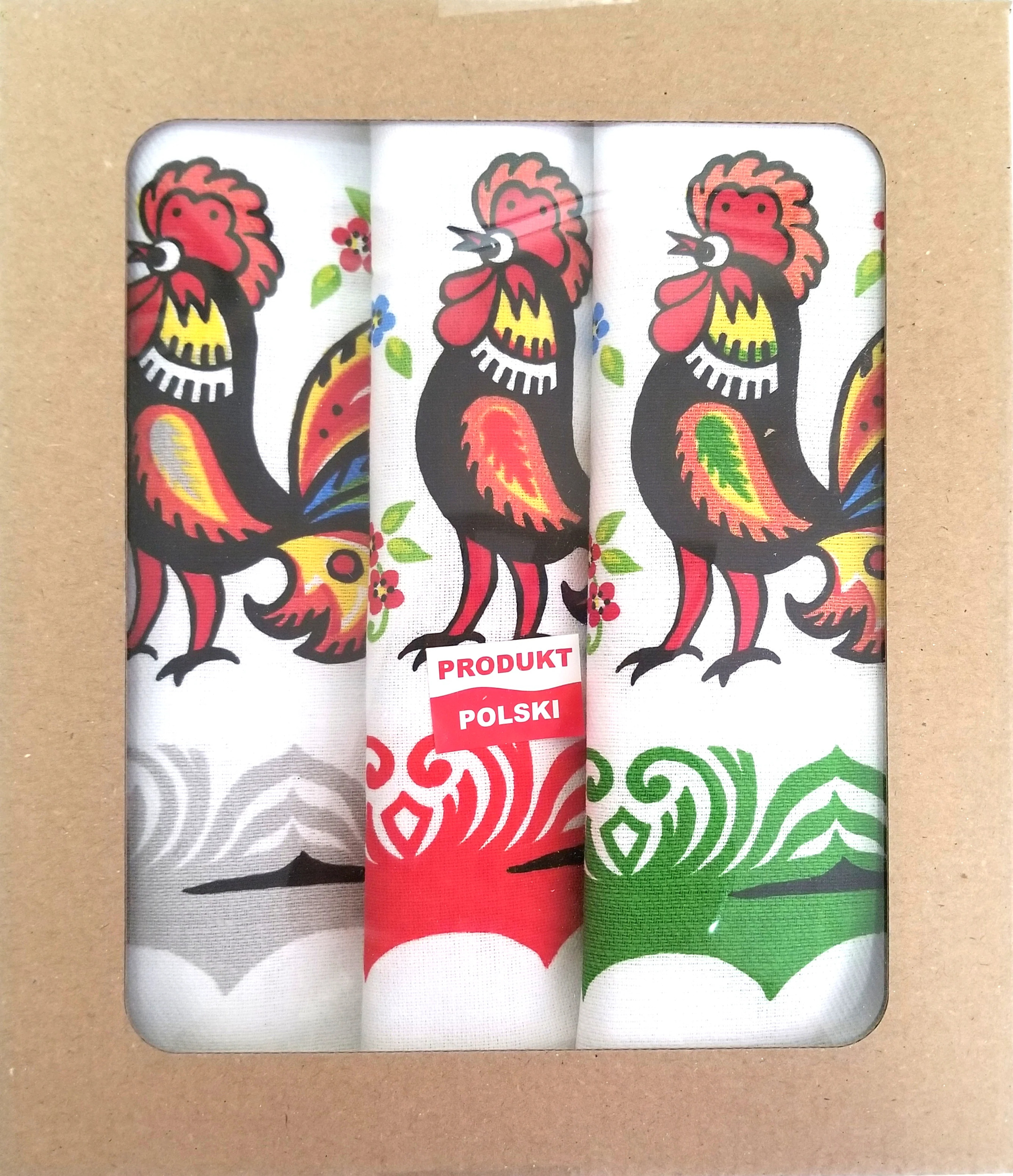 Polish Folk Art Set of 3 Kitchen Towels in Box (Lowicz Roosters)