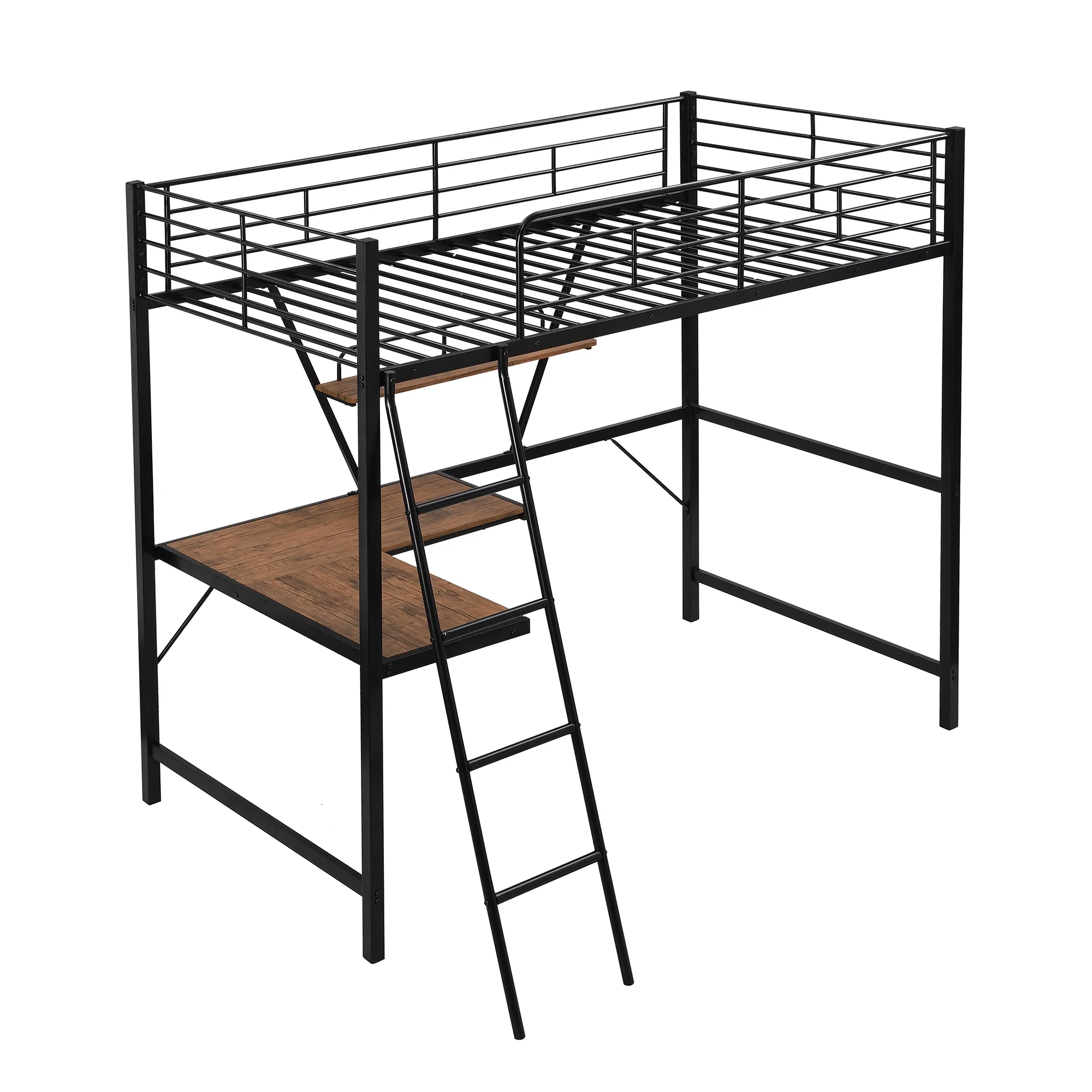 MMTX Metal Loft Twin Bed with L-shaped Desk and Shelf - Black