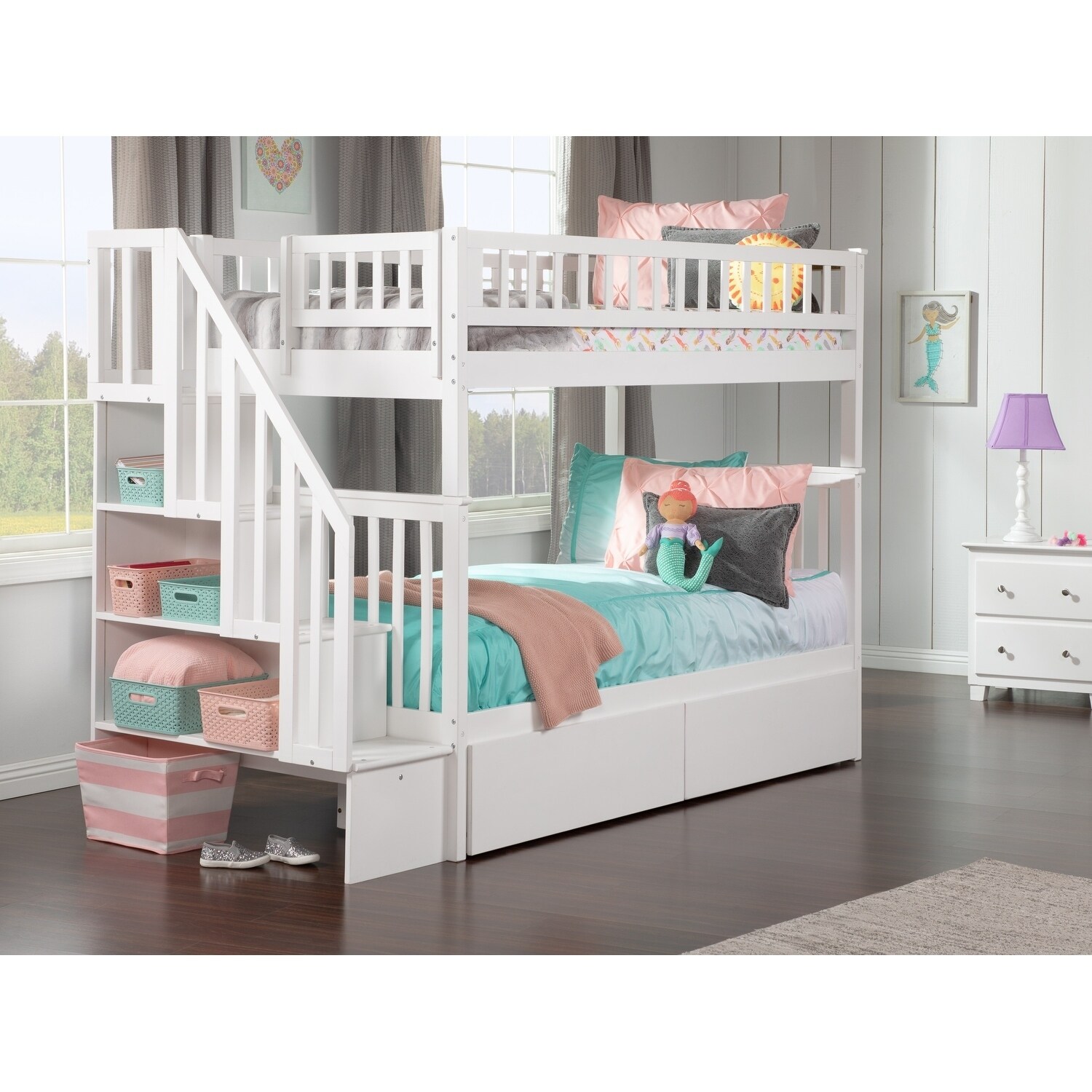 AFI Woodland Staircase Bunk Bed Twin over Twin with 2 Bed Drawers in White