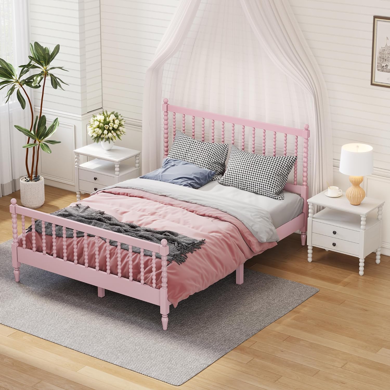 3Pcs Bedroom Set With 2 Nightstands, Queen Size Bed Frame With Gourd Shaped Headboard And Footboard, Solid Wood Platform Bed, No Spring Box Required,