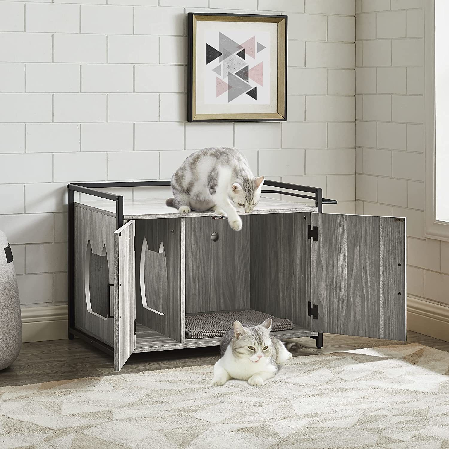 LANTRO JS Hidden Cat Litter Box Furniture with Ventilation and Bench Seat, Pet Crate with Iron and Wood Sturdy Structure