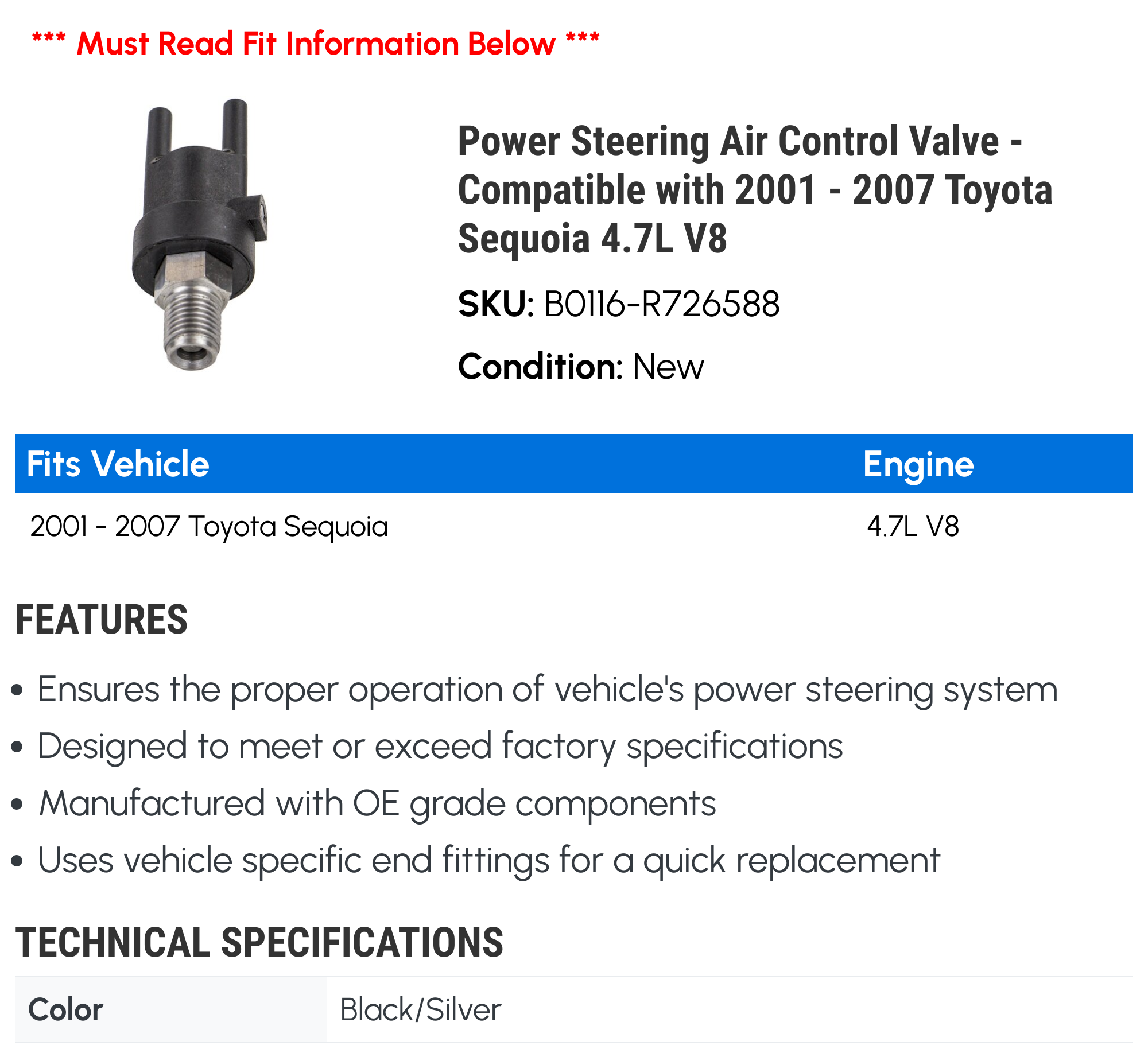 Power Steering Air Control Valve - Compatible with 2001 - 2007 Toyota Sequoia 4.7L V8 2002 2003 2004 2005 2006