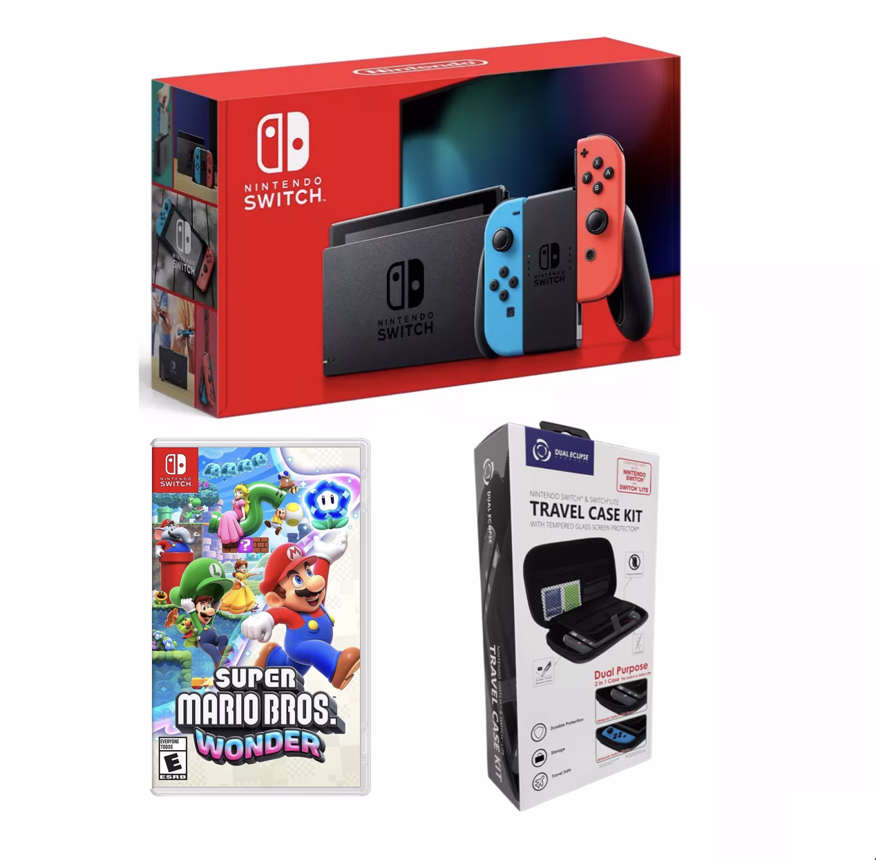 Nintendo Switch Bundle: Neon Blue/Red Bundle with Super Mario Bros.™ Wonder + Travel Case Kit (import with US Plug)
