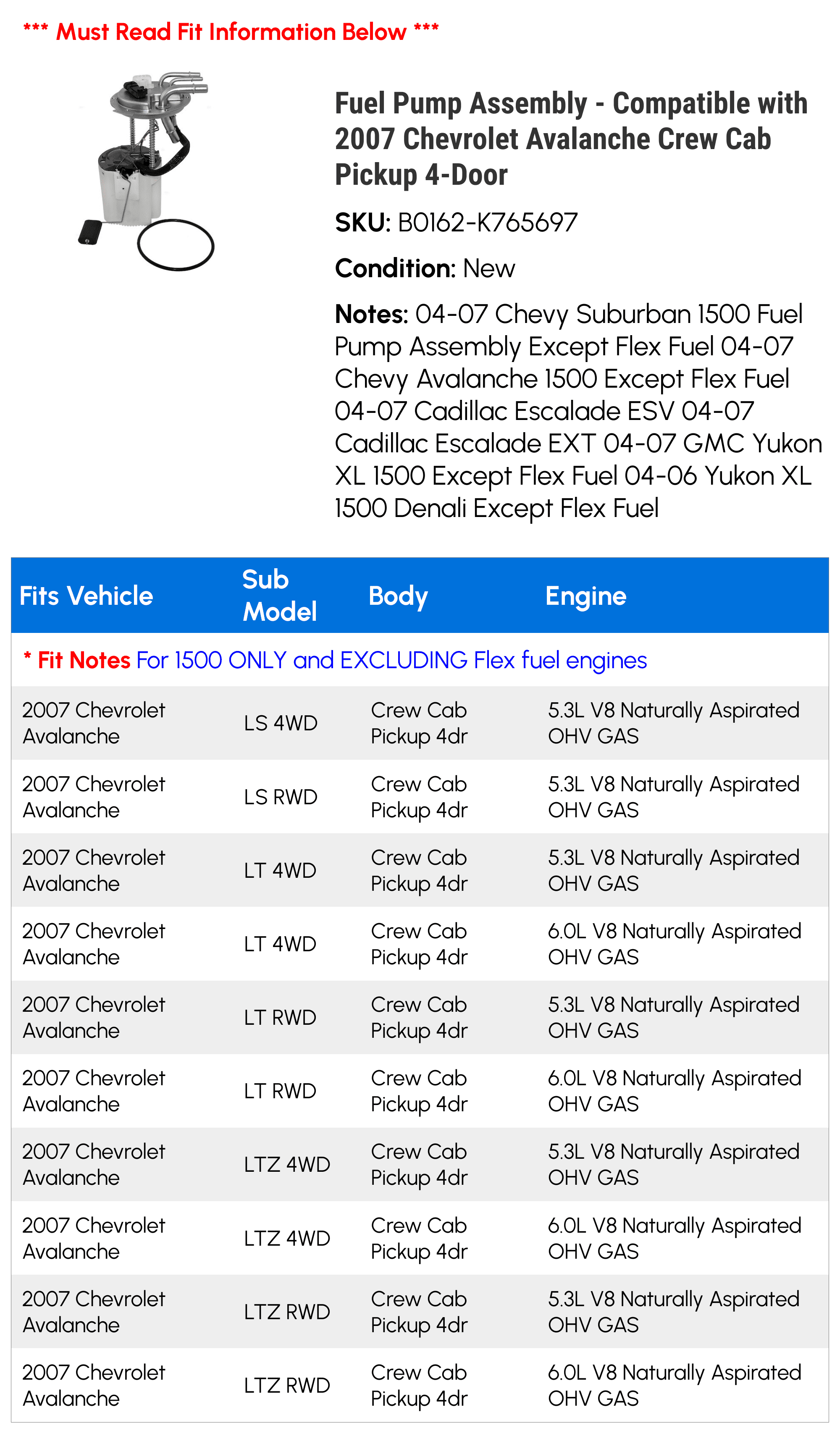 Fuel Pump Assembly - Compatible with 2007 Chevy Avalanche Crew Cab Pickup 4-Door