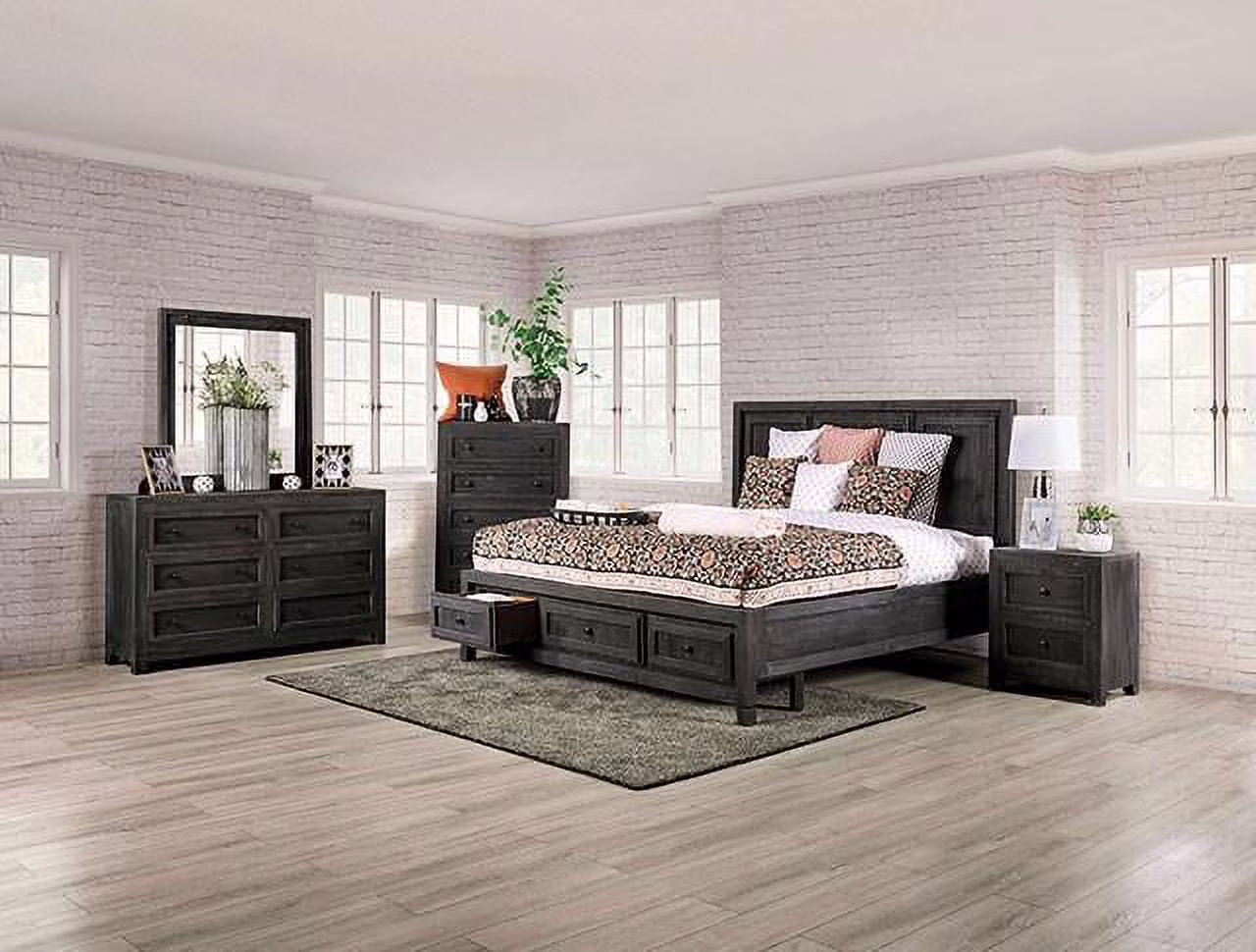 Rustic Charcoal Solid Wood King Bedroom Set 5pcs FOA EM7074DG Oakridge