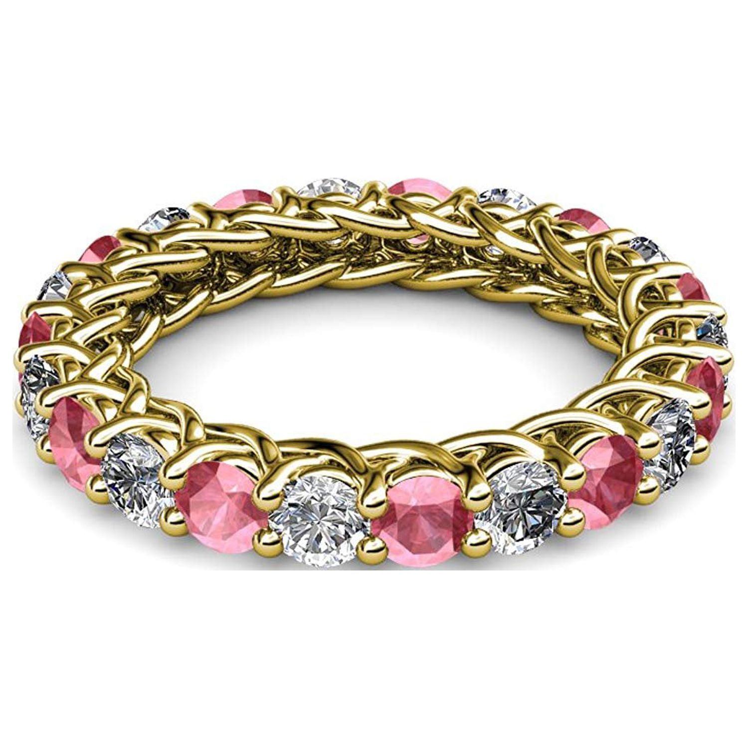 Pink Tourmaline and Diamond 3.4mm Gallery Eternity Band 2.76 to 3.19 Carat tw in 14K Yellow Gold.size 7.5