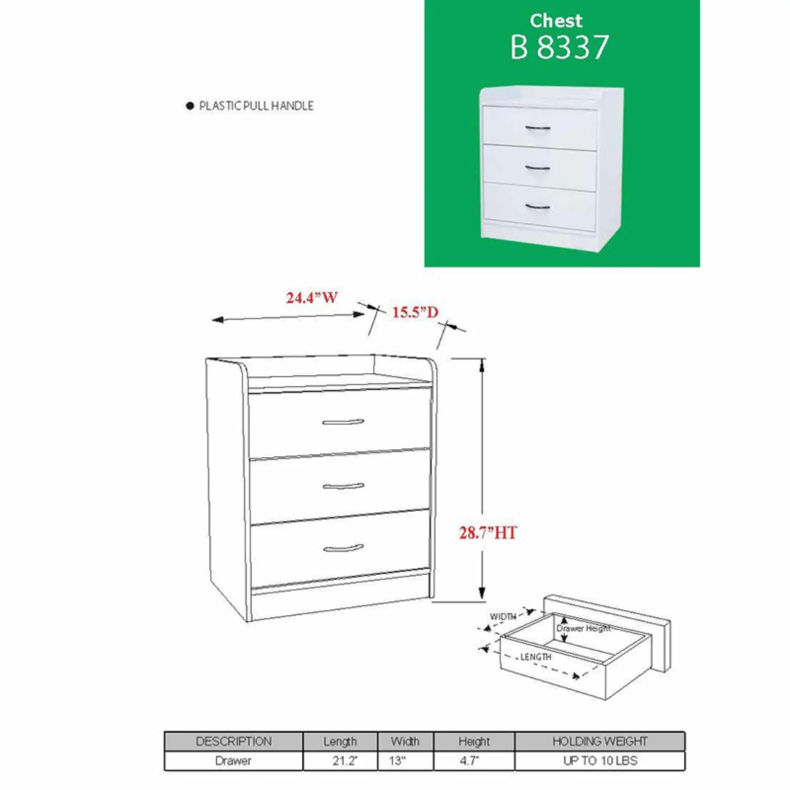 Inroom Furniture Designs  3 Drawer Chest - White, 24.4 x 15.5 x 28.5 in.