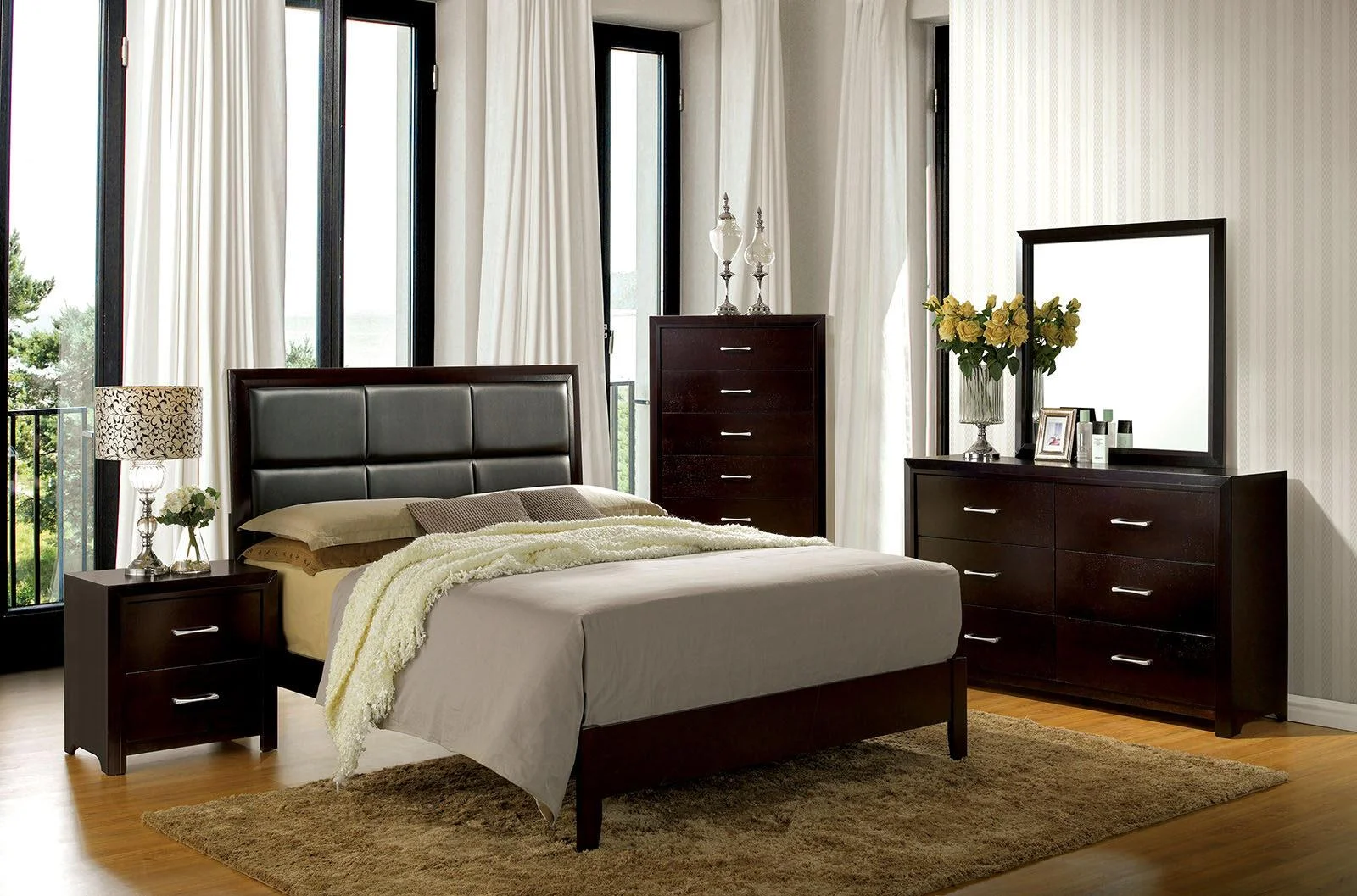 Contemporary Espresso Wood King Bedroom Set 6pcs FOA CM7868-EK Janine