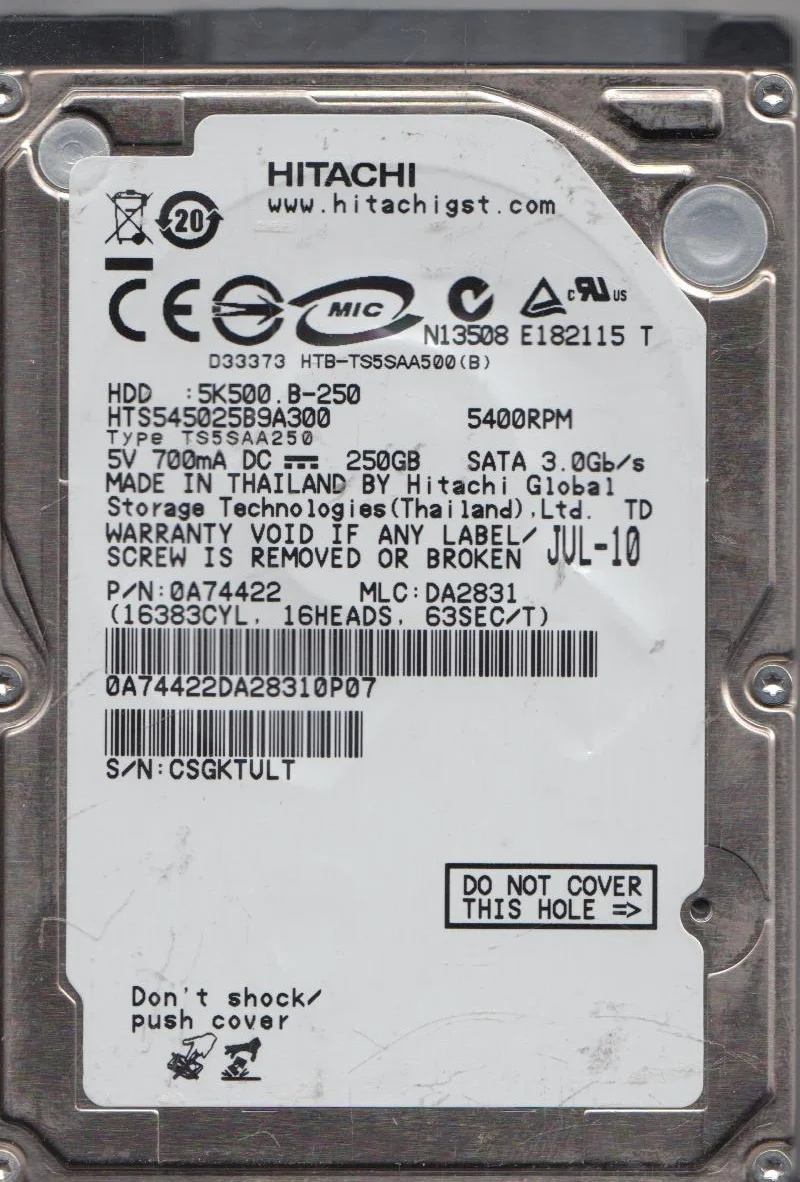 HTS545025B9A300, PN 0A74422, MLC DA2831, Hitachi 250GB SATA 2.5 Hard Drive