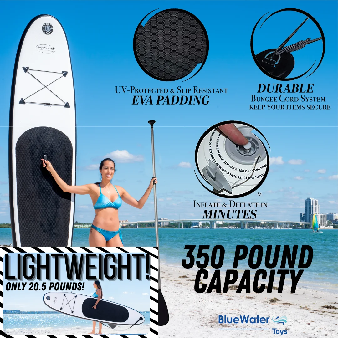 Blue Water Toys Portable Inflatable Stand Up Paddle Board Kit with Pump, Backpack, Coil Leash, and Repair Kit, SUP 350 Pound Limit, 11 Feet by 34 Inches