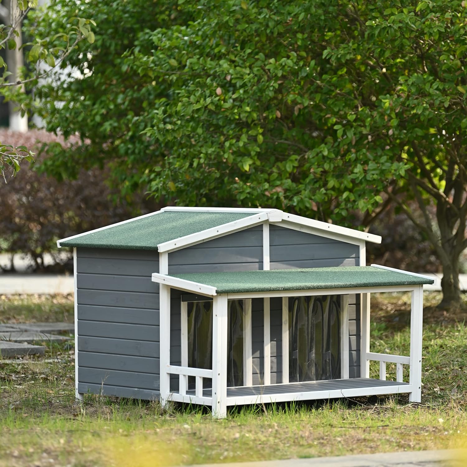 Large Wooden Dog House Outdoor, Outdoor & Indoor Dog Crate, Cabin Style, With Porch, 2 Doors, Gray And Green