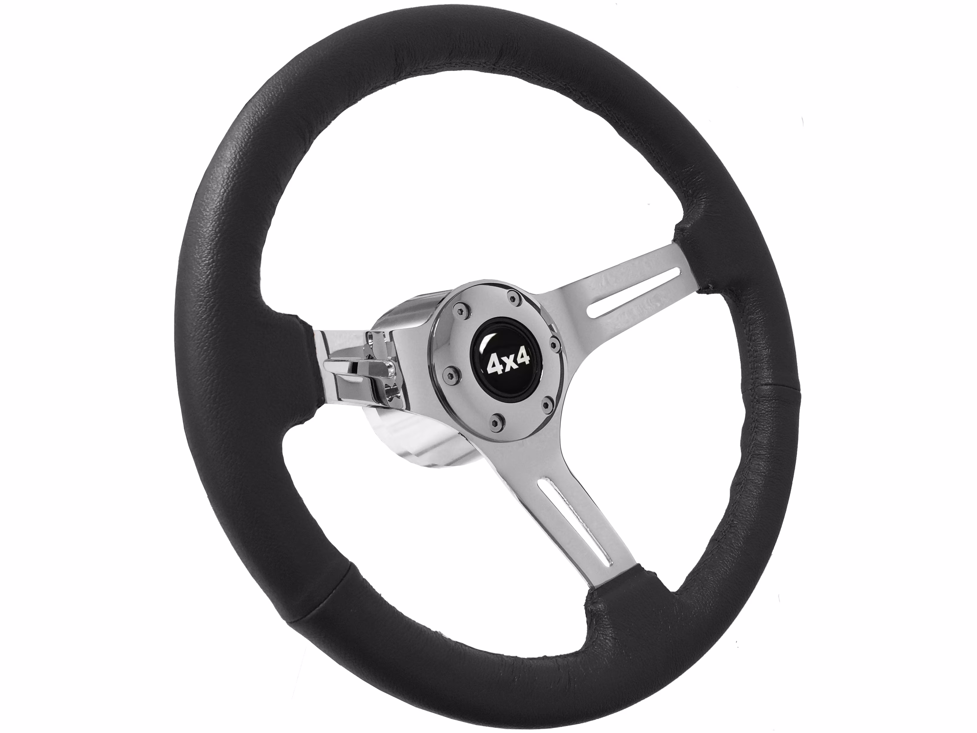 1976 - 1995 Jeep S6 Black Leather Steering Wheel Chrome Kit | 4x4 Emblem