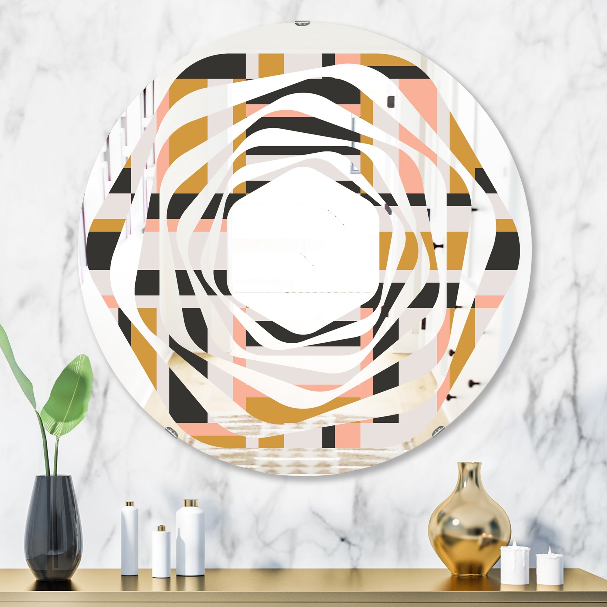 DESIGN ART Designart 'Abstract Retro Geometric IX' Printed Modern Round or Oval Wall Mirror - Whirl - Multi 24in.x24in.