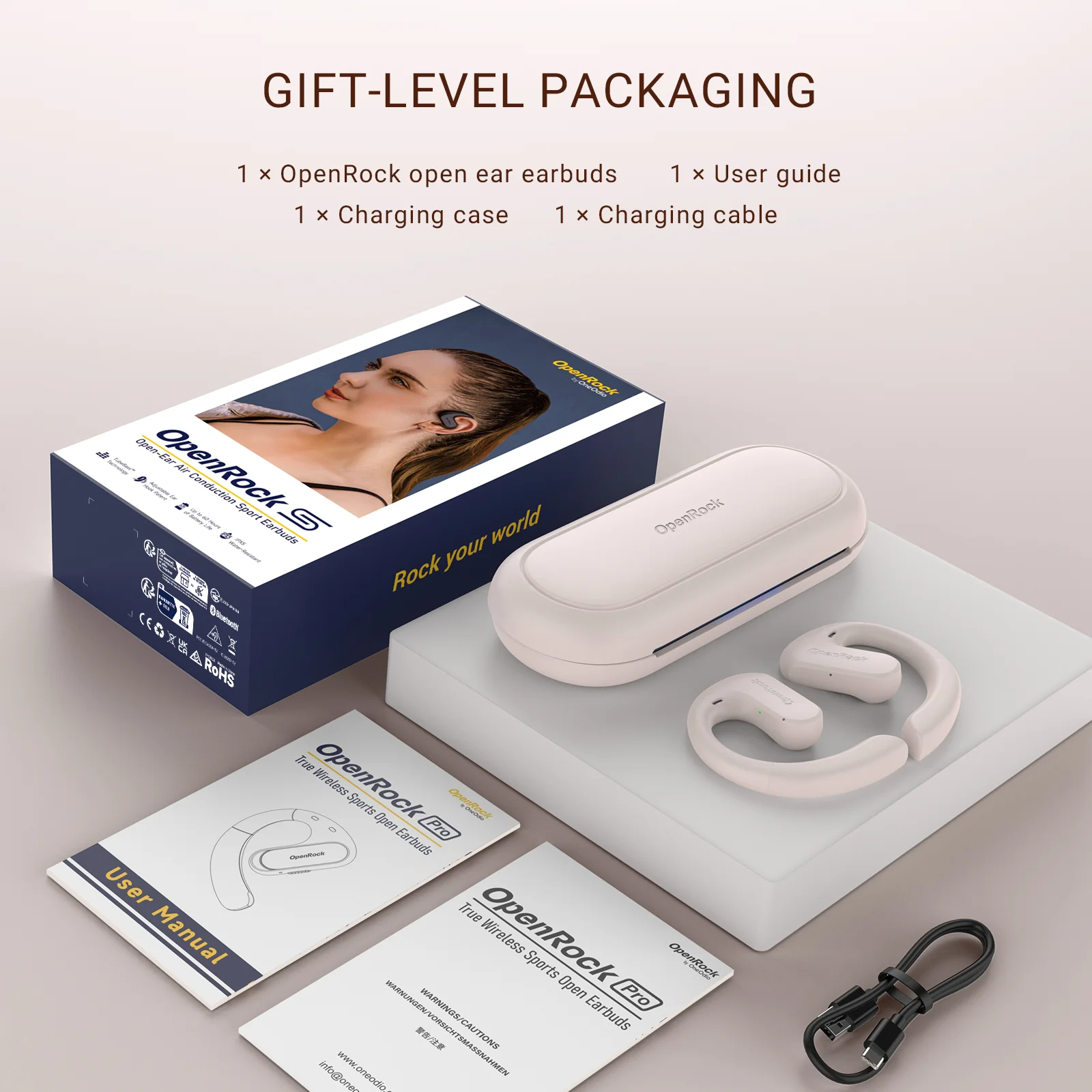 OpenRock S Open-Ear Conduction Noise Cancelling Headphones with Bluetooth 5.3 Wireless Over-Ear Earbuds Earphones 60H Playtime Deep Bass IPX5 Waterproof Built-in Call-Sliver