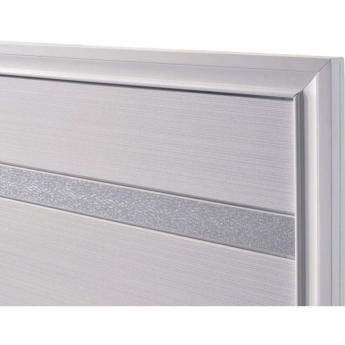 Panel Design Eastern King Bed with Silver Accents and Bracket Feet, White