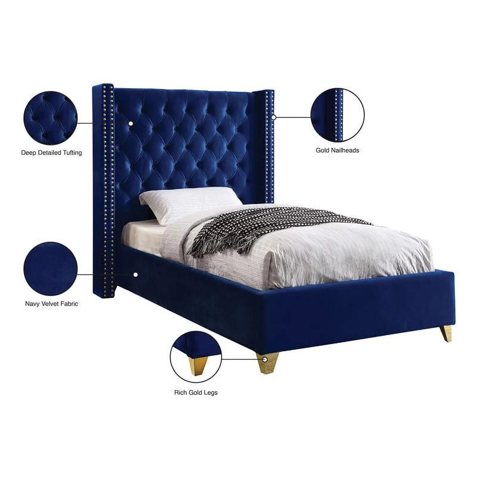 Meridian Furniture Barolo Navy Velvet Twin Bed