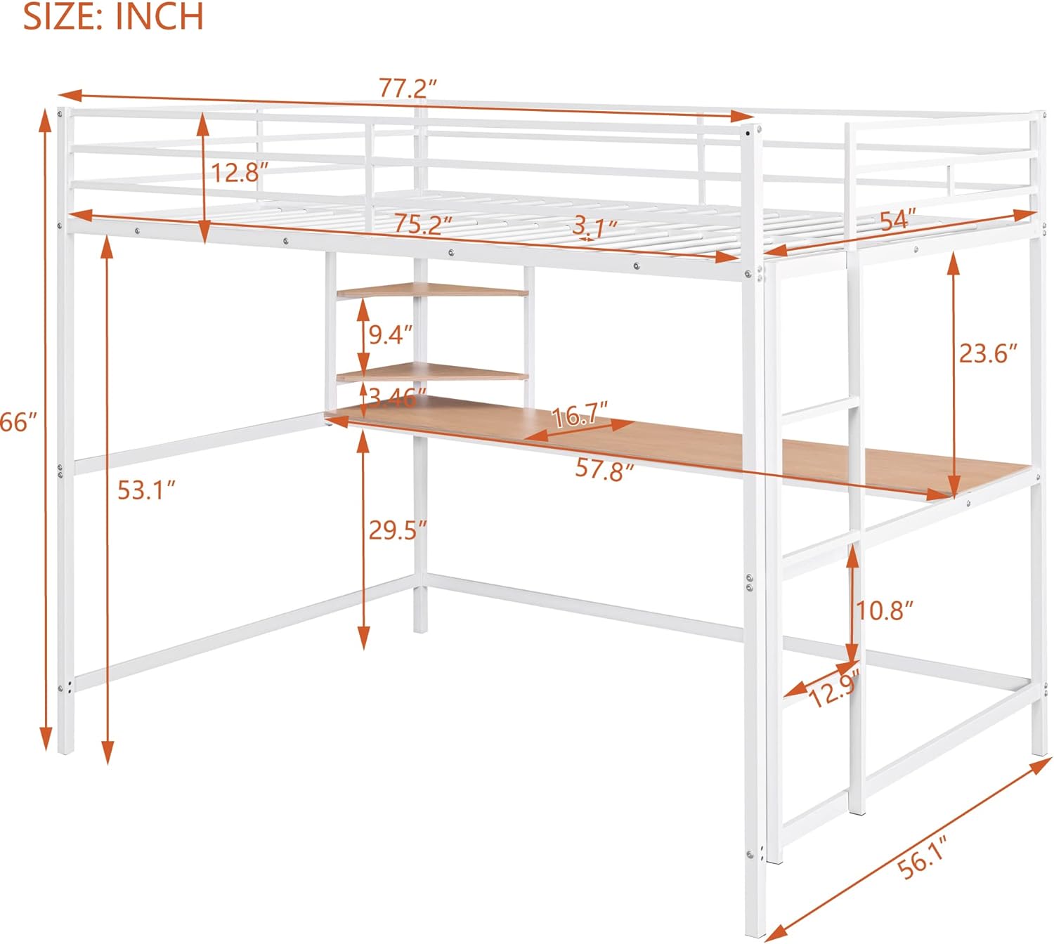 Full Size Metal Loft Bed With Long Desk, Shelves And Full Length Guardrails, Space-Saving Full Loft Bed For Bedroom, White