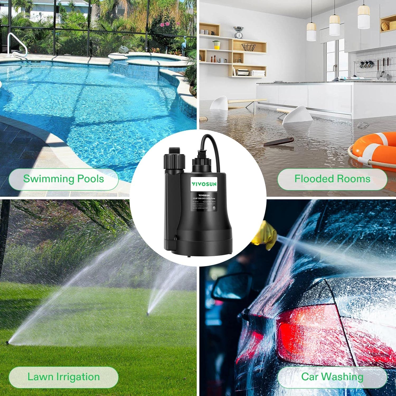 VIVOSUN Submersible Water Sump Pump, 1/3HP 1980GPH Utility Pump, Thermoplastic Sump Pump with 10ft Cable