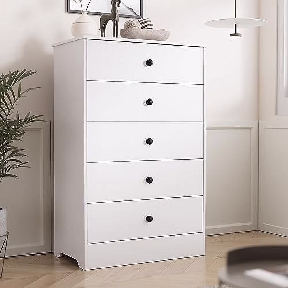 KHBIULIFE Modern 5 Drawer Dresser   Organizer Chest  Chest Dressers Organizer with Large   Chest of Drawer for Bedroom  43.3" Tall Chest of Drawers with   White