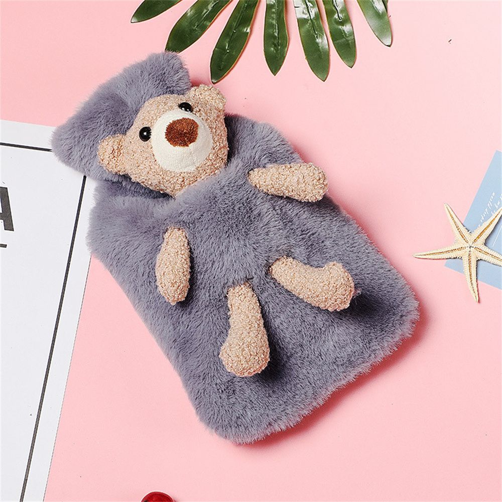1000ml Plush Covering Recyclable Water Injection Winter Warmth Hot Water Bottle Plush Bear Warm Water Bag PVC Material DARK GREY