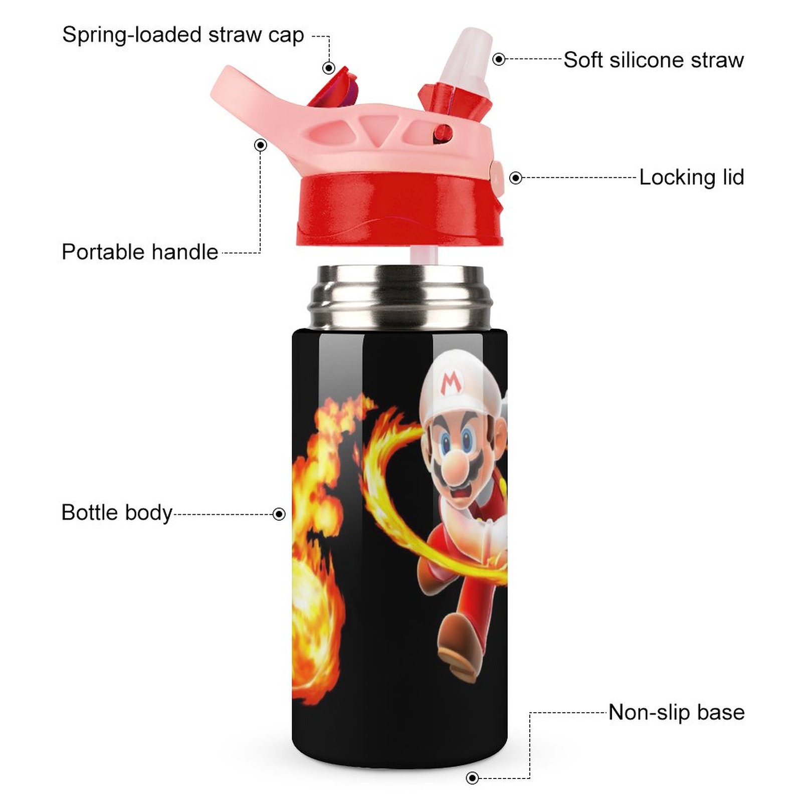 Super Mario Fire Kid's Insulated Water Bottle With Straw Vacuum Stainless Steel Cup Leak-Proof Children Toddler Thermoses