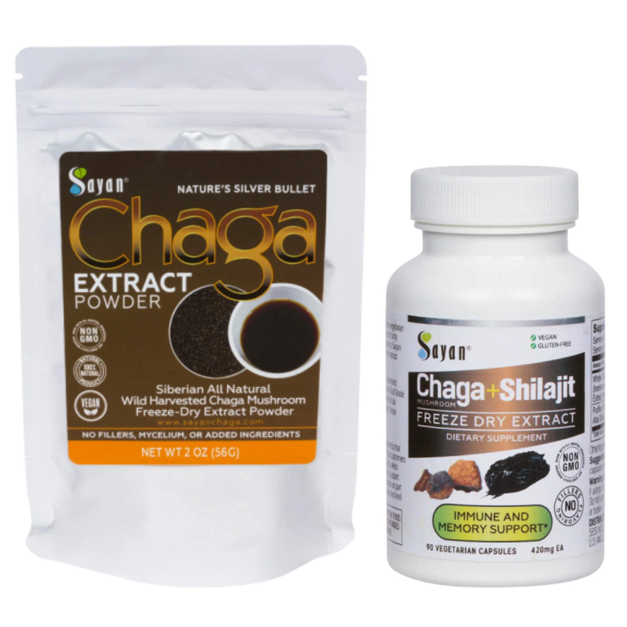 Sayan Supplement Siberian Chaga Mushroom Tea Extract 2 oz & Chaga W/Shilajit 90 Vegan Capsules