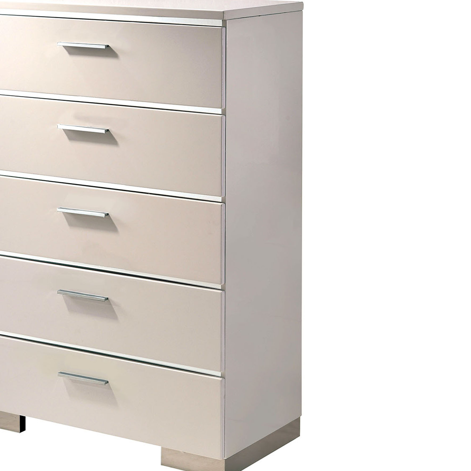 Wood and Metal Chest with 5 Drawers and Block Legs, White and Silver