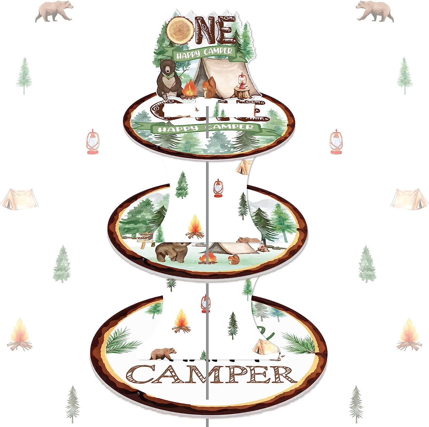 One Happy Camper Birthday Decoration, One Happy Camper Table Decorations Camping Cake Stand, Green Forest Camping Jungle Theme Cake Decor, Bear, Trees, Tent, Campfire for Baby Shower Birthday
