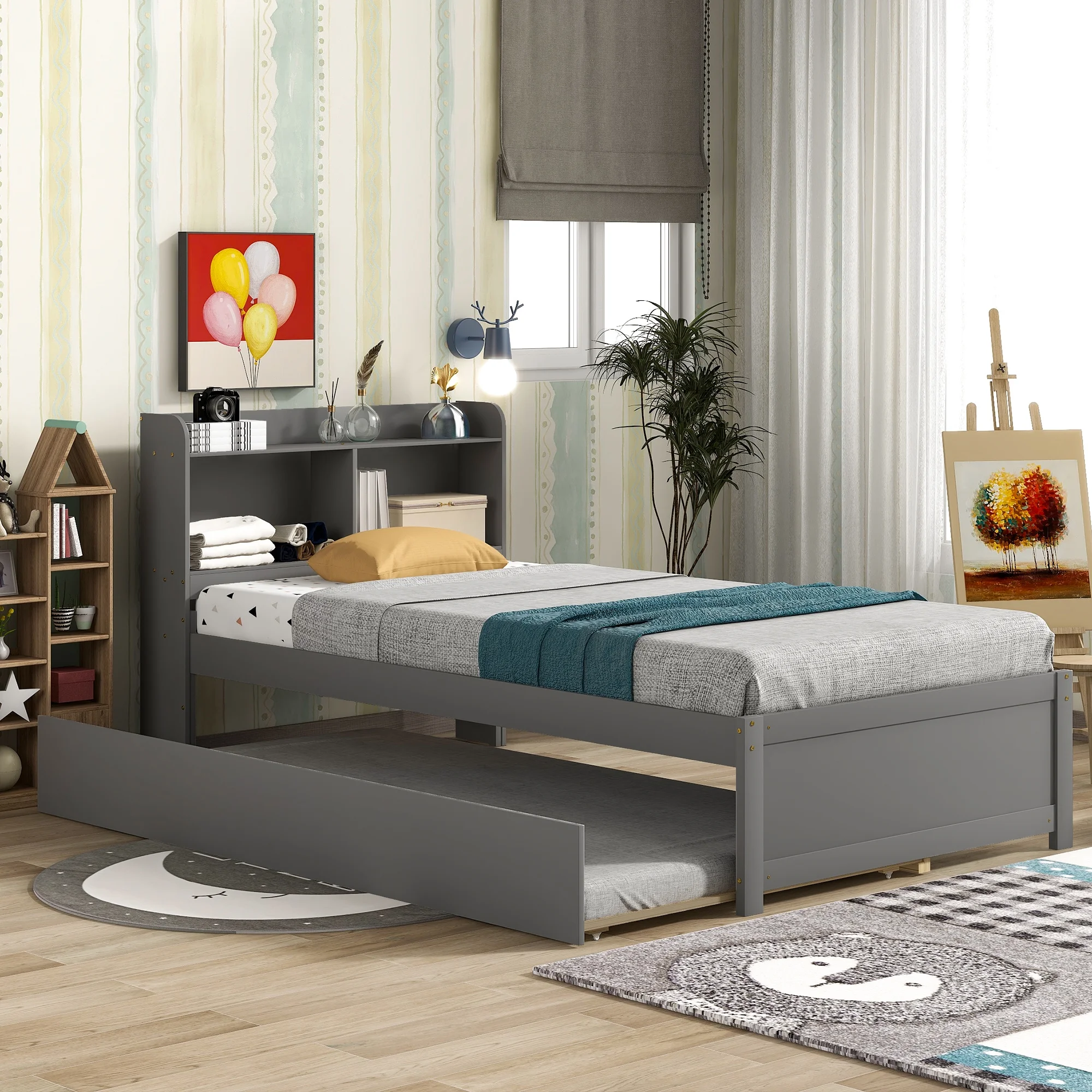 Dcenta Twin Bed with Trundle,Bookcase,Grey