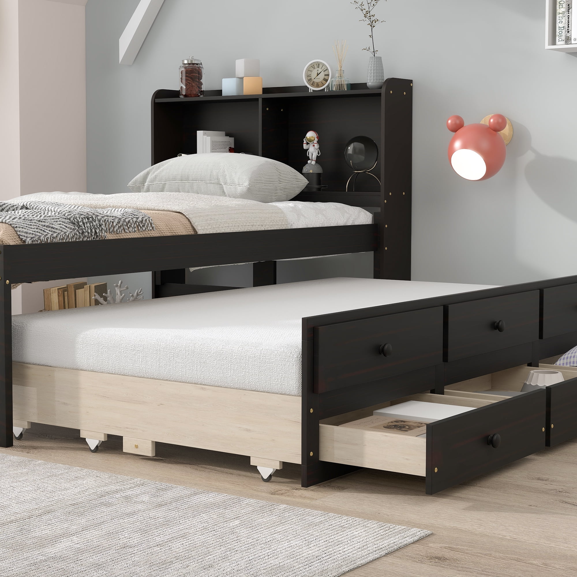 Dawn Whisper Twin Bed with Bookcase, Twin Trundle, Drawers, Espresso