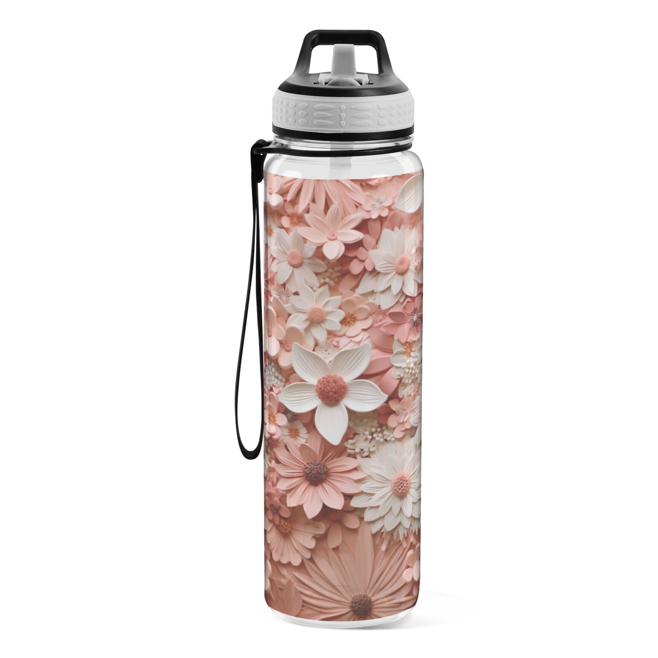 Pink Flowers 32oz Water Bottles with Straw Tritan Leakproof Sports Bottle BPA Free Clear for Fitness Gym Swimming Cycling